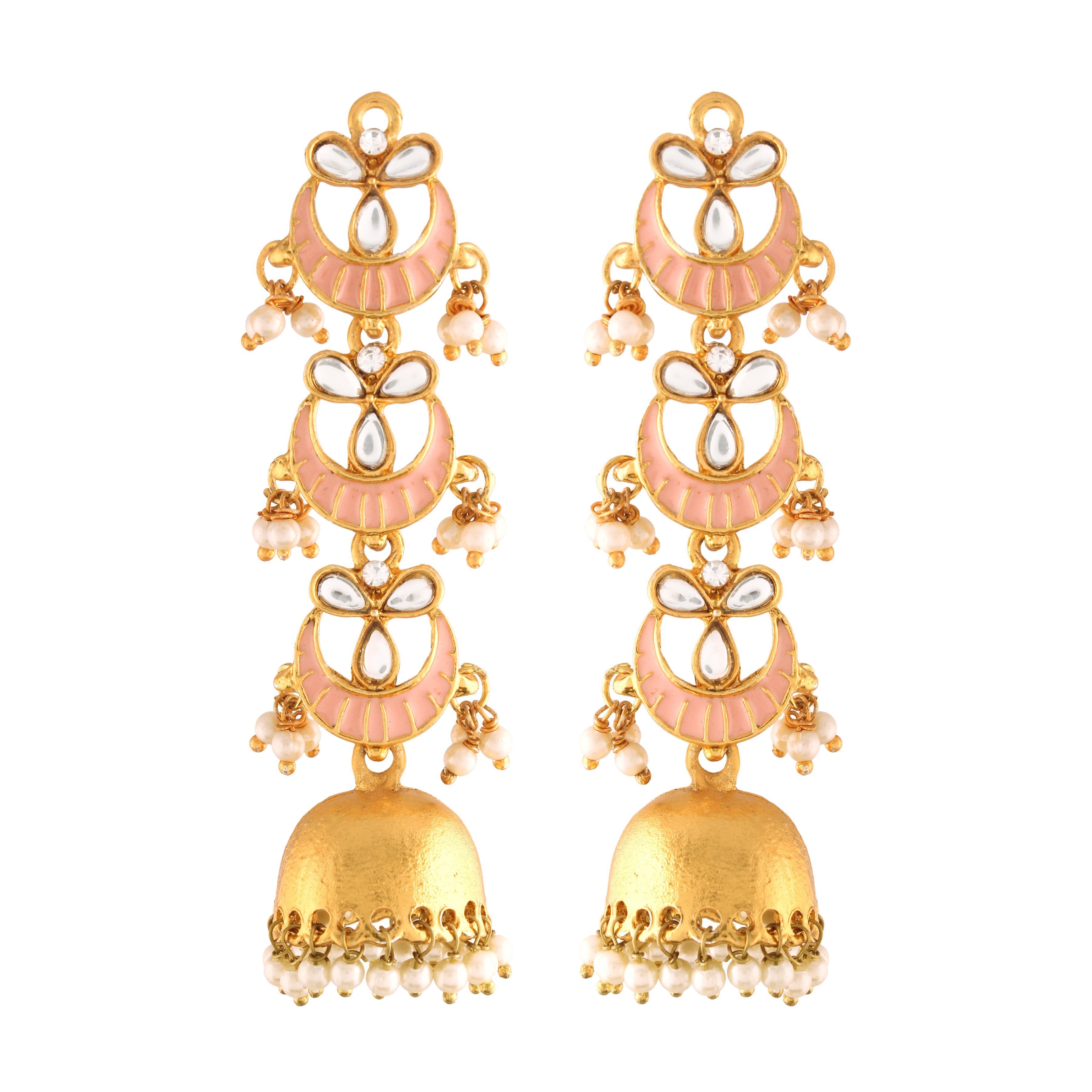 Women's  Gold Plated 3 Layered Long Jhumki Earrings With Pink Enamel Glided With Kundans & Pearls