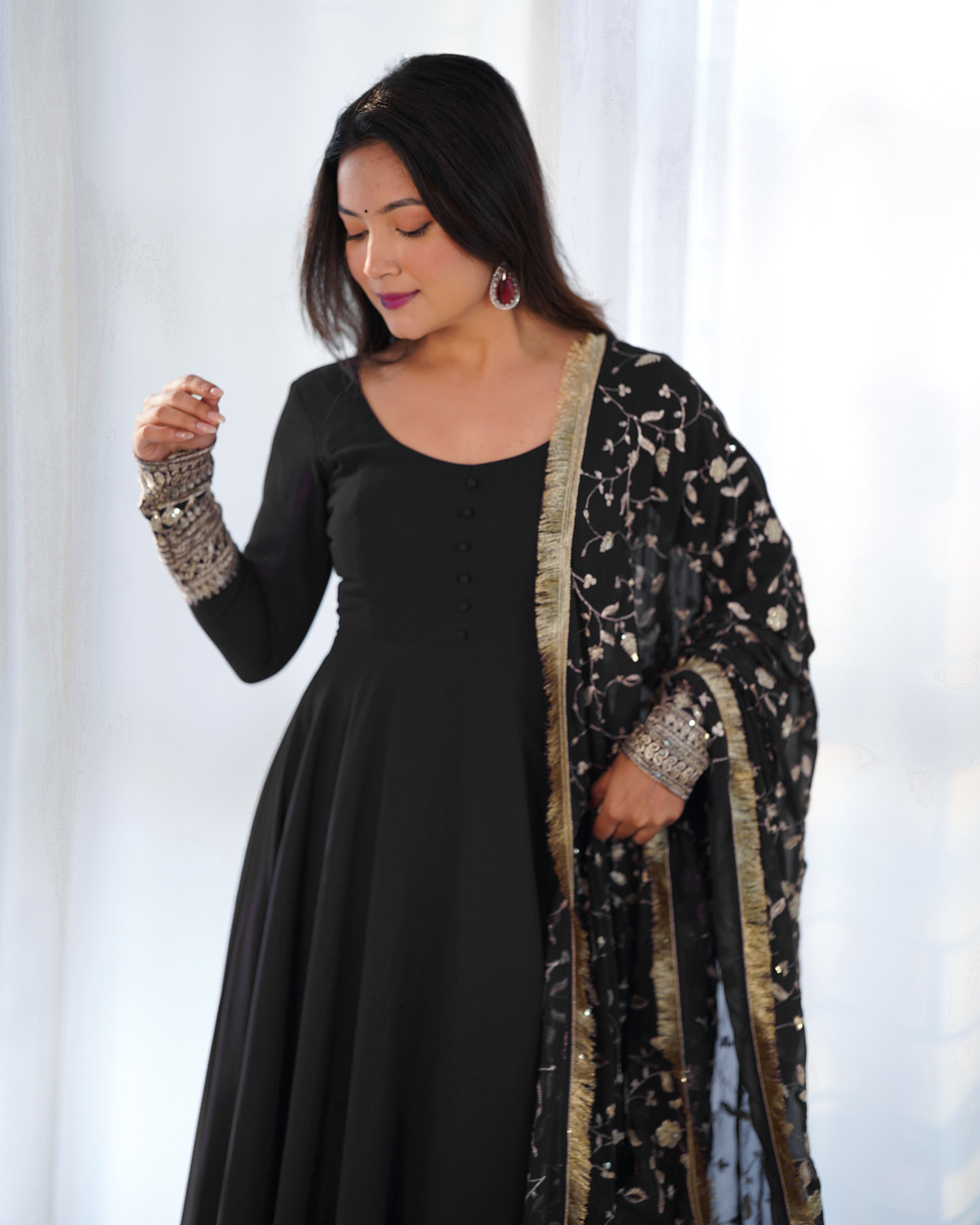 Women's Black Georgette Gown With Dupatta And Pant Black / S | Trendia Global Women's Black Georgette Gown With Dupatta And Pant Black / S | Trendia Global