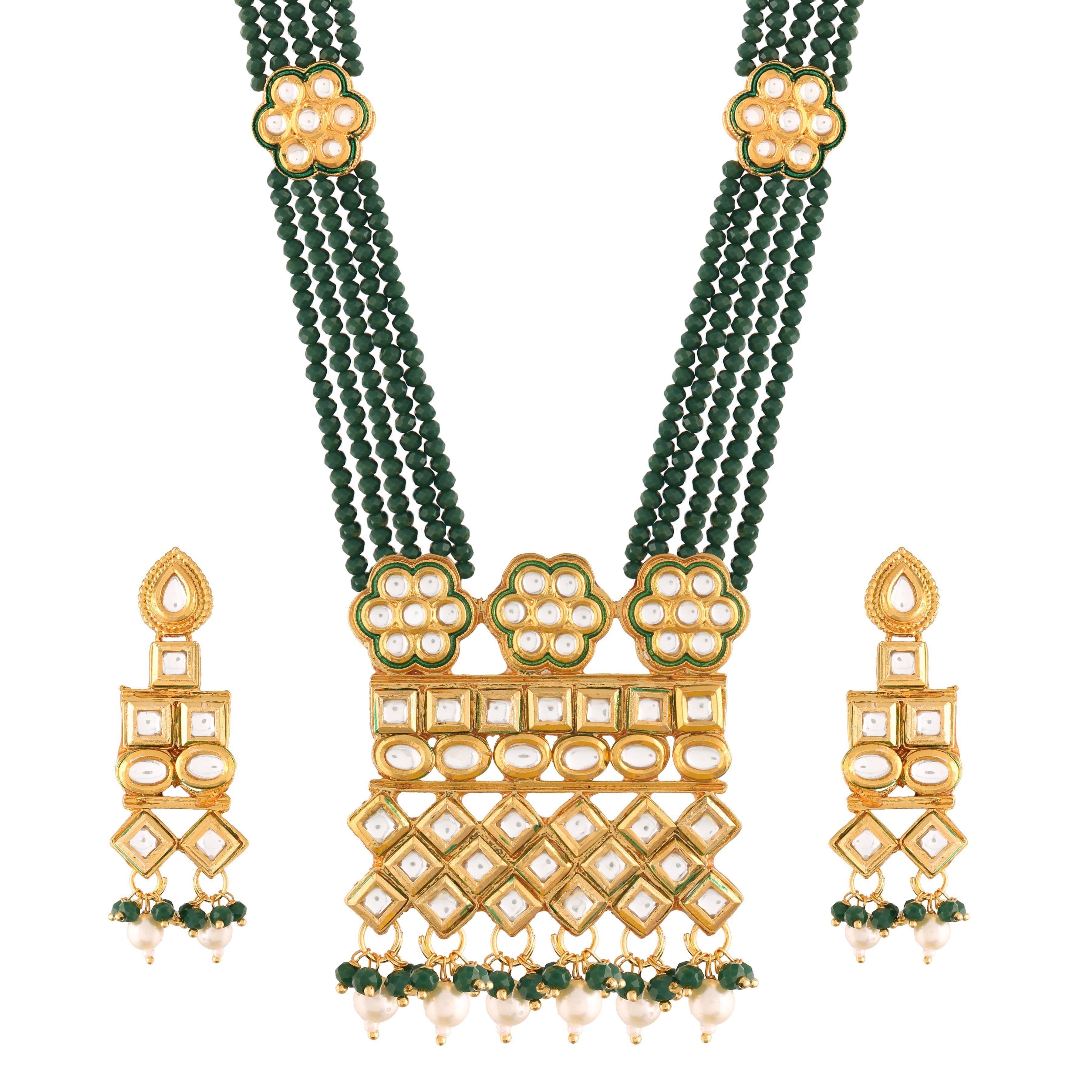 Women's Gold Plated Polki Kundan Brass Necklace Set With Earrings Emerald Crystal Onyx Long Mala