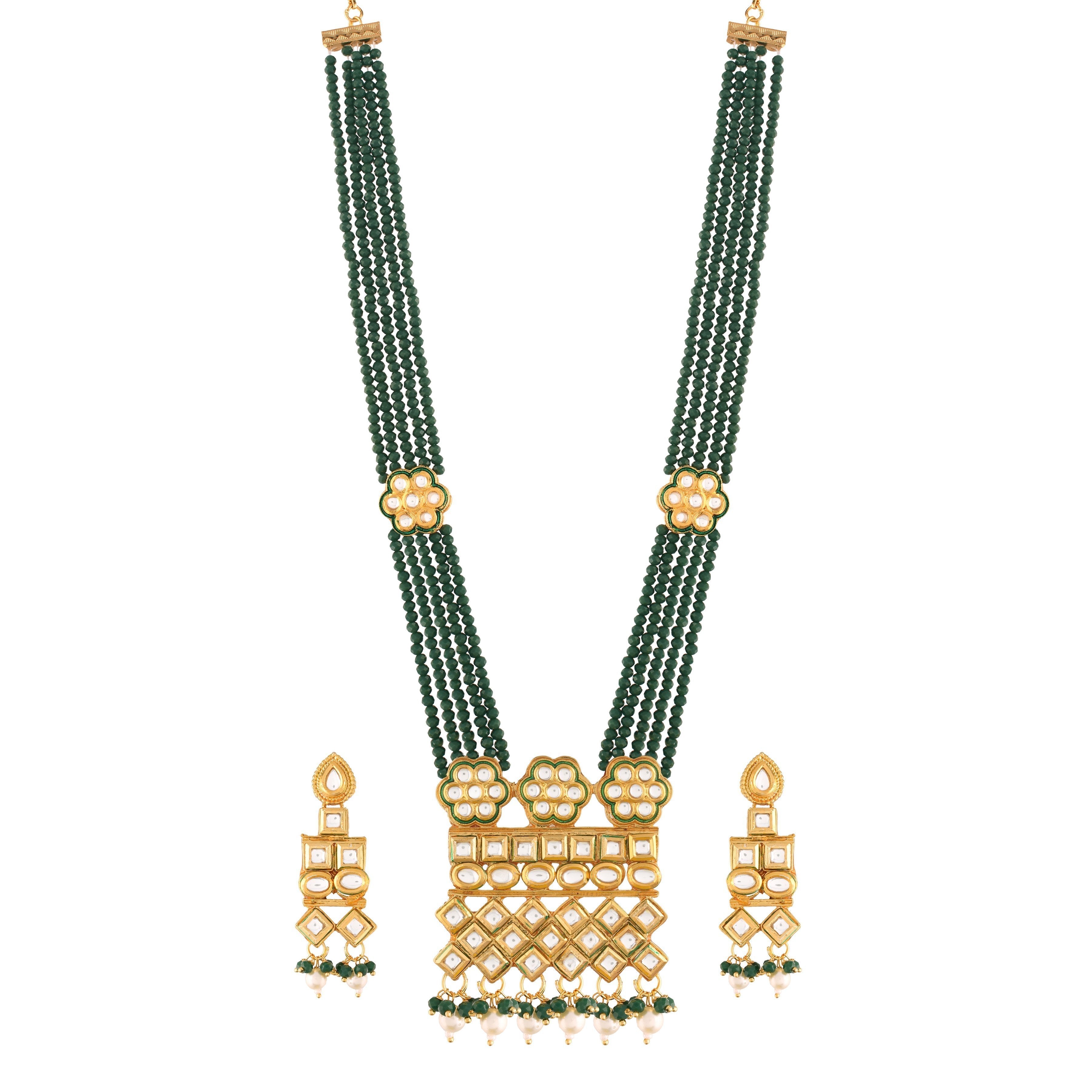 Women's Gold Plated Polki Kundan Brass Necklace Set With Earrings Emerald Crystal Onyx Long Mala