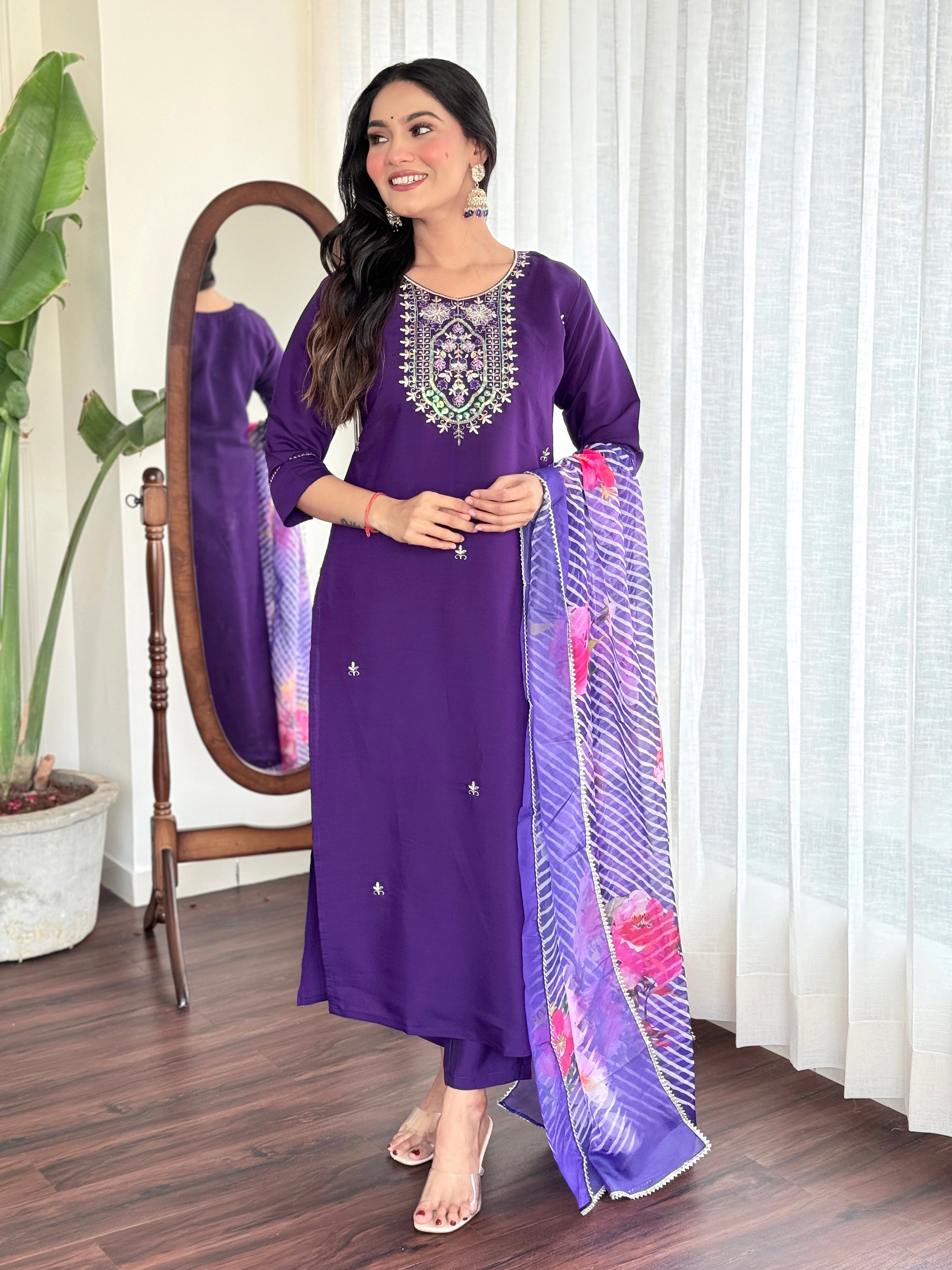 Women's Round Neck Embroidered Work Chanderi Viscose Fabric Kurta & Pant With Dupatta Set - Taantav