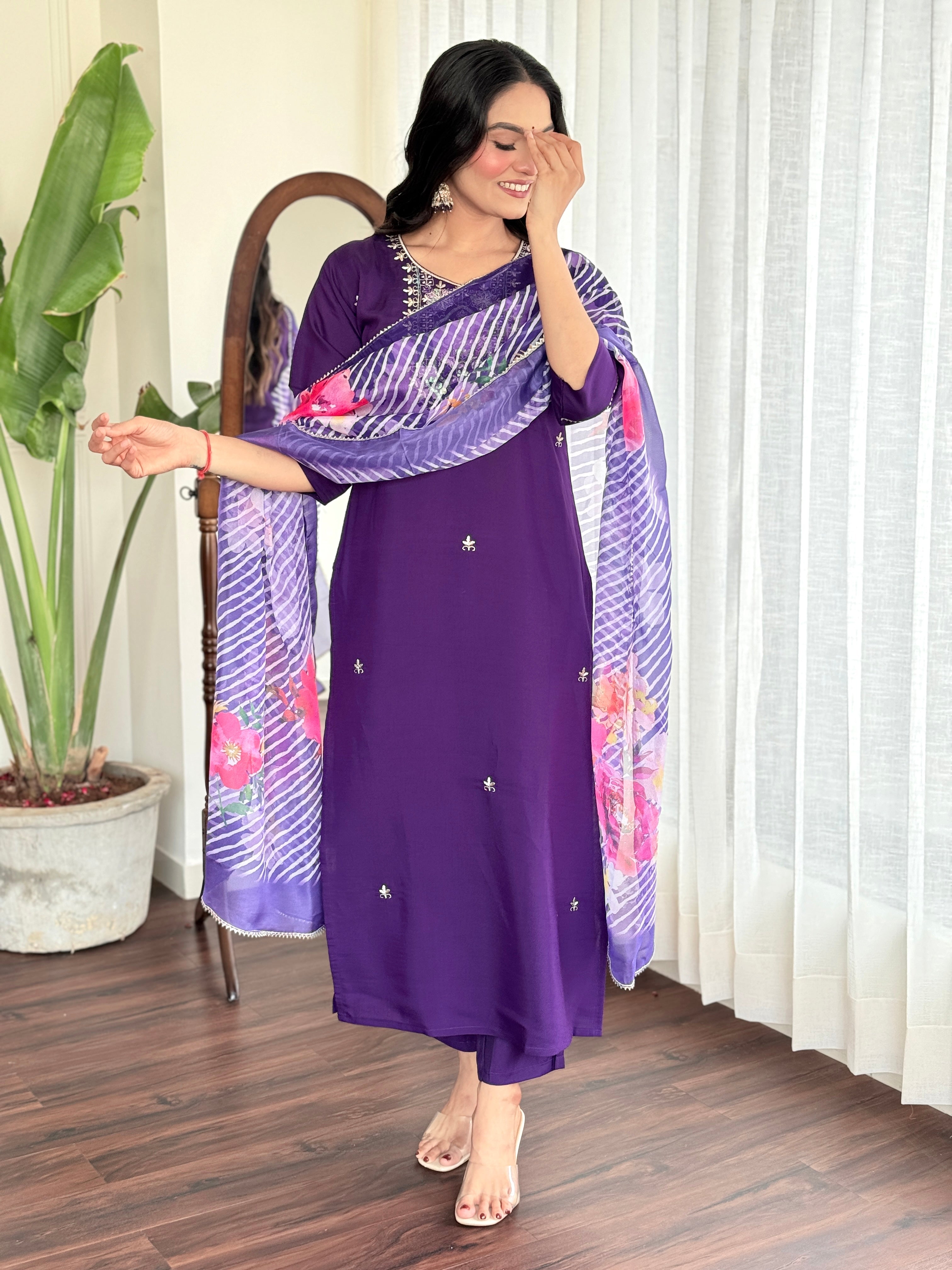 Women's Round Neck Embroidered Work Chanderi Viscose Fabric Kurta & Pant With Dupatta Set - Taantav