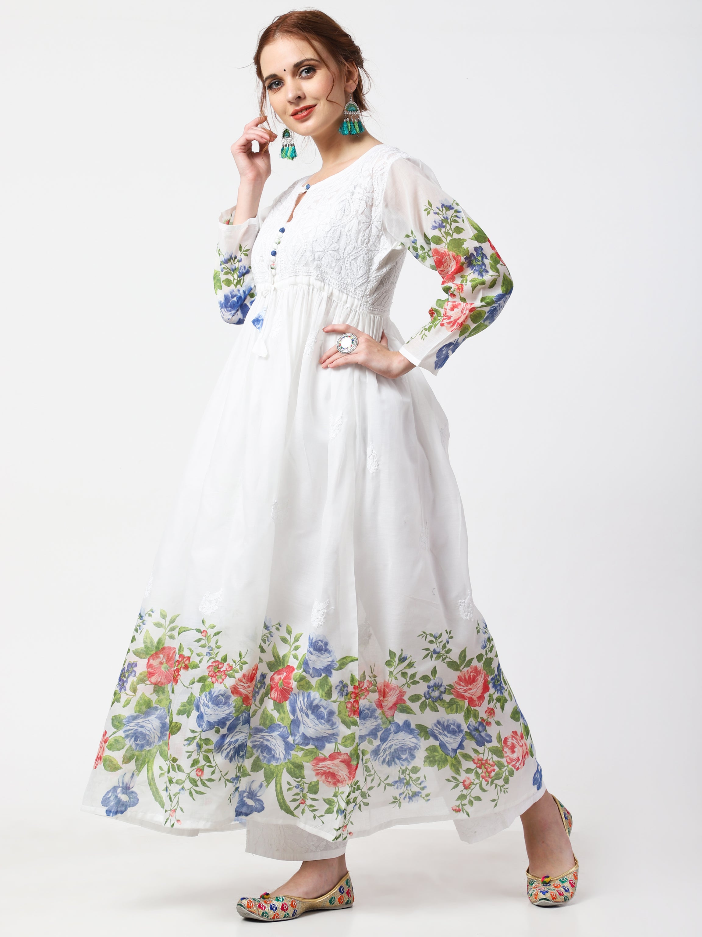 Women's Embellished Daily Wear Cotton Organza Kurta - Cheera