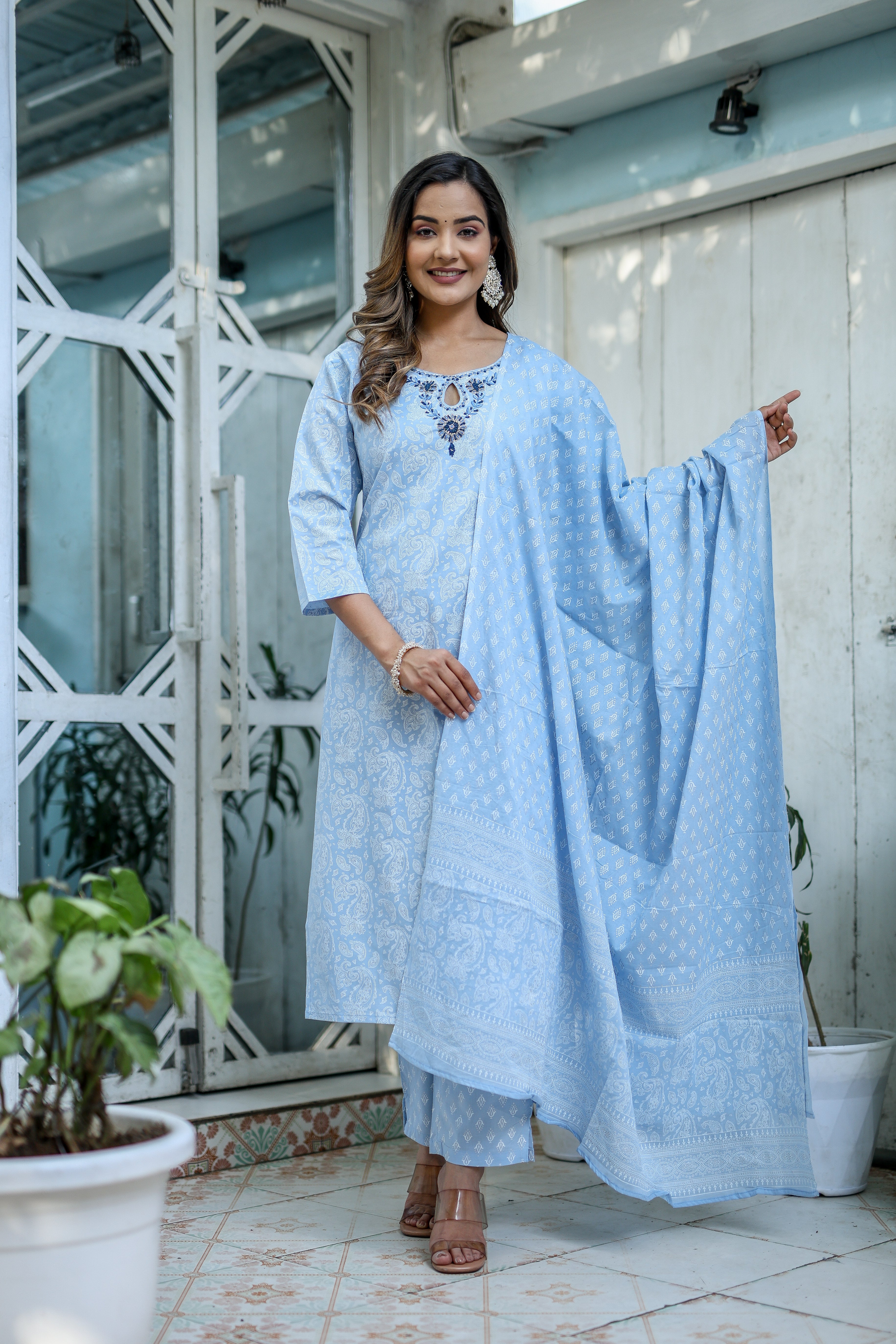 Women's Three-Piece Blue Hand Work Cotton Kurta Set With Dupatta-Benaaz