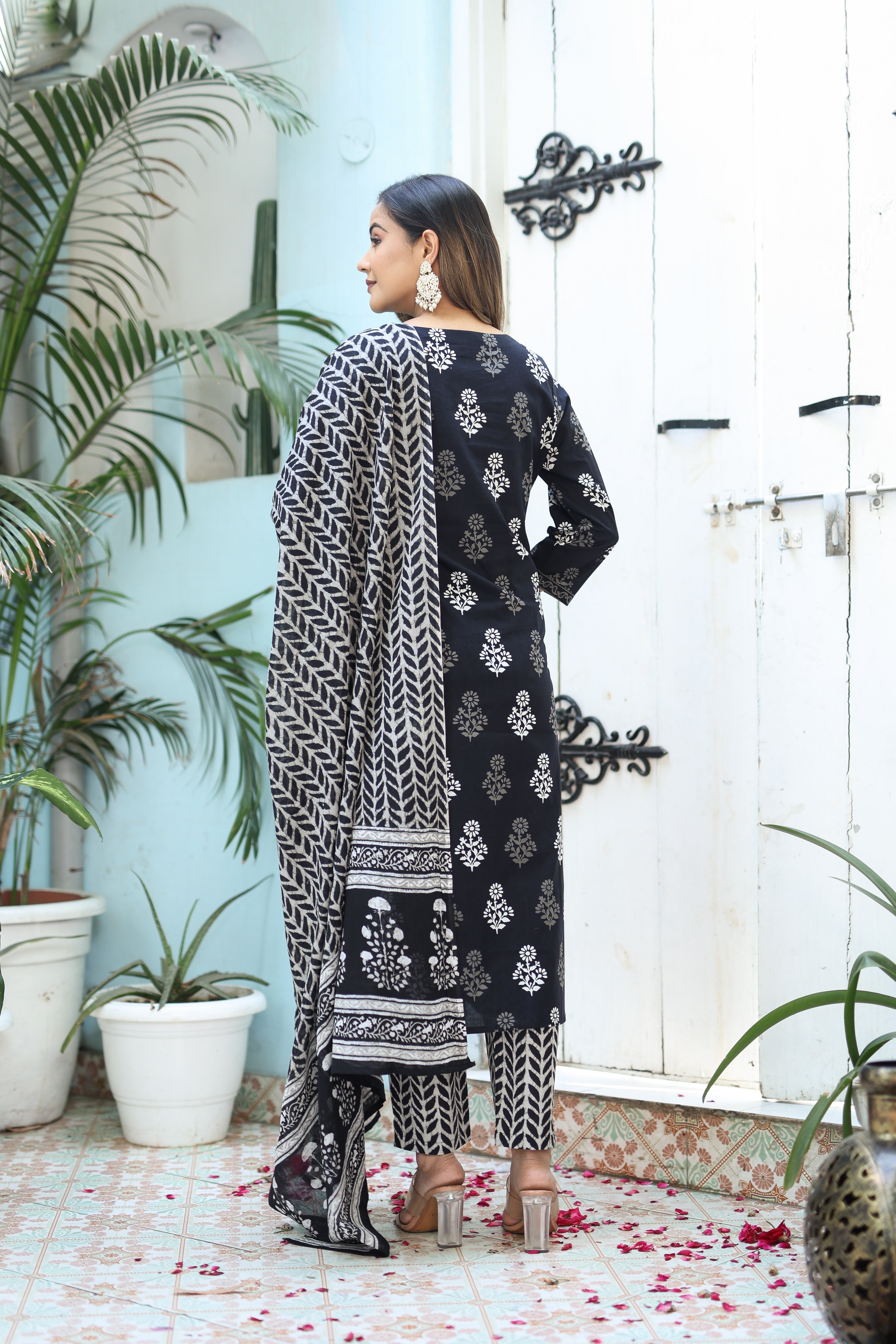 Women's Three-Piece Black Embroidered Cotton Kurta Set With Dupatta-Benaaz