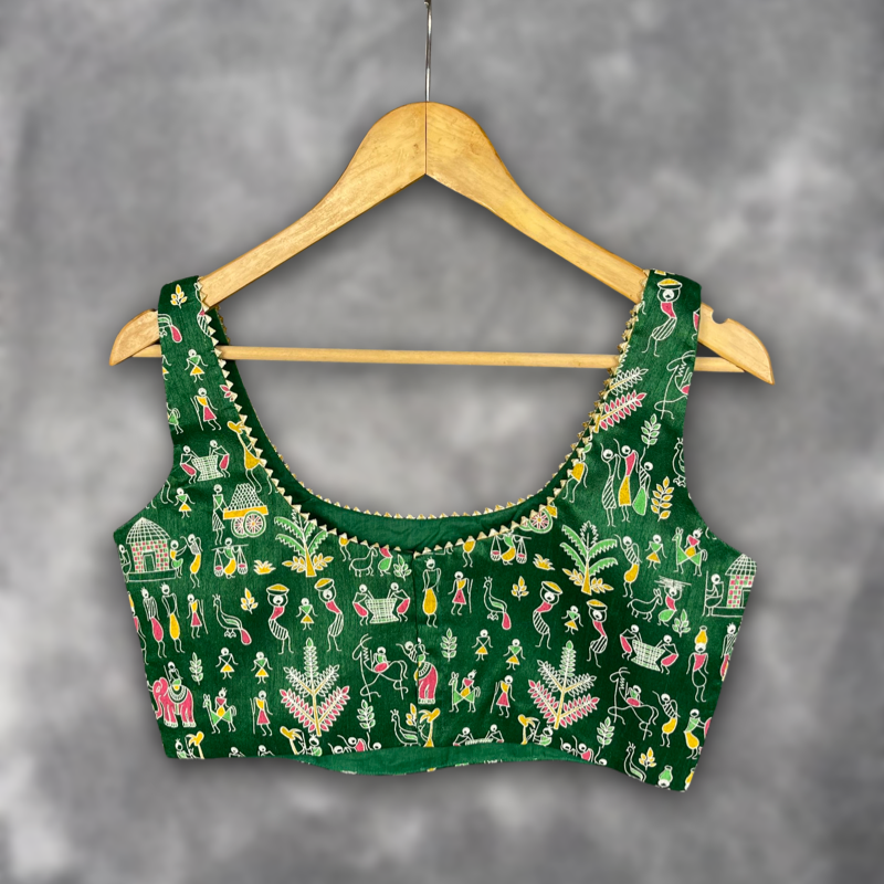Women's Green Art Row Silk Blouse