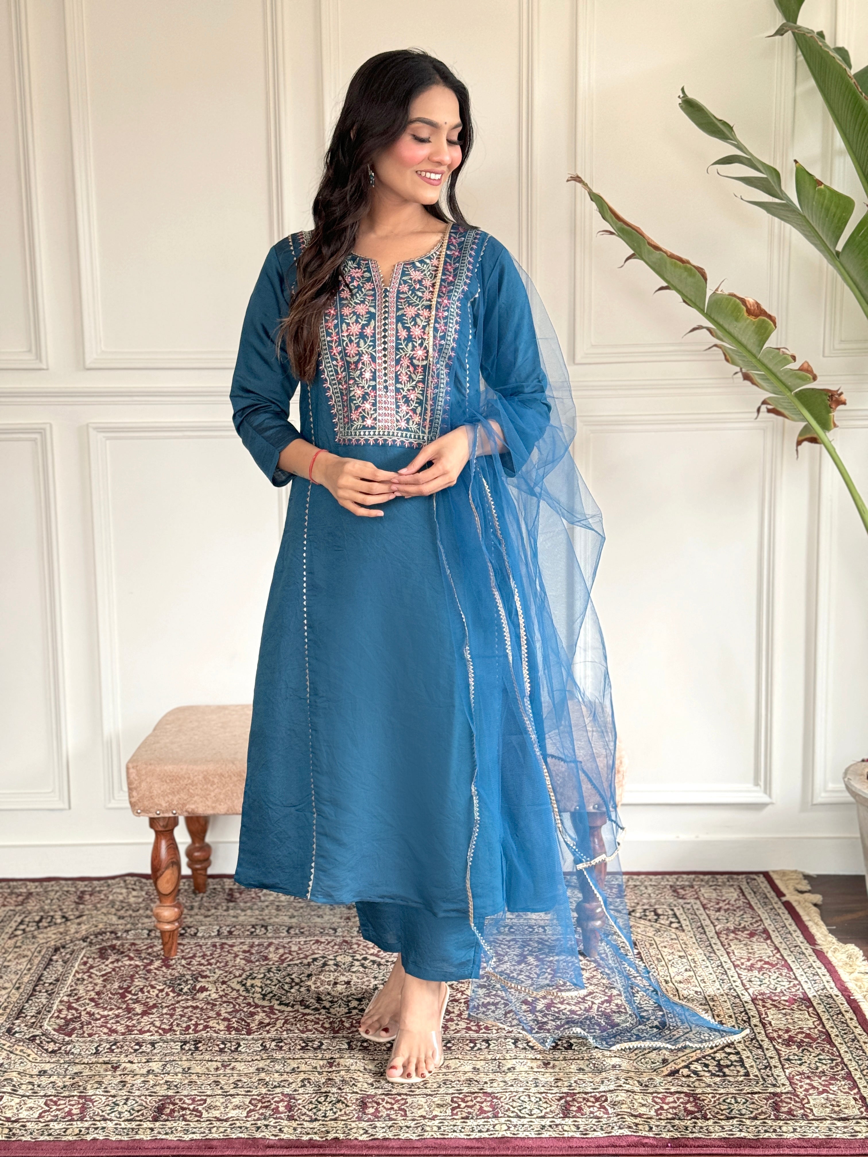 Women's V Neck Embroidered Work, Chanderi Fabric With Cotton Lining Kurta & Pant With Dupatta Set - Taantav