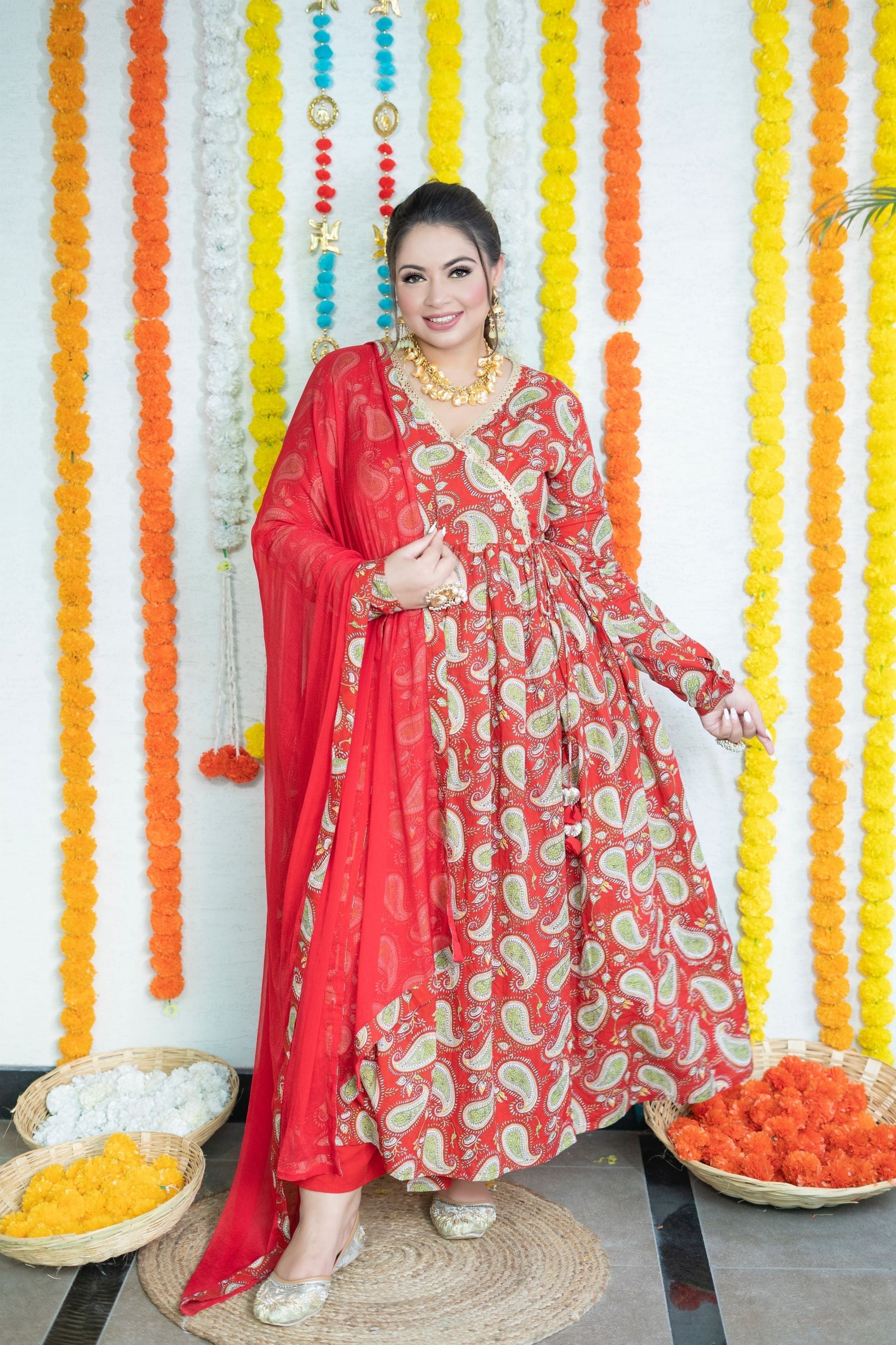 Women's Red Paisley Angarakha Suit Set - Nangalia Ruchira
