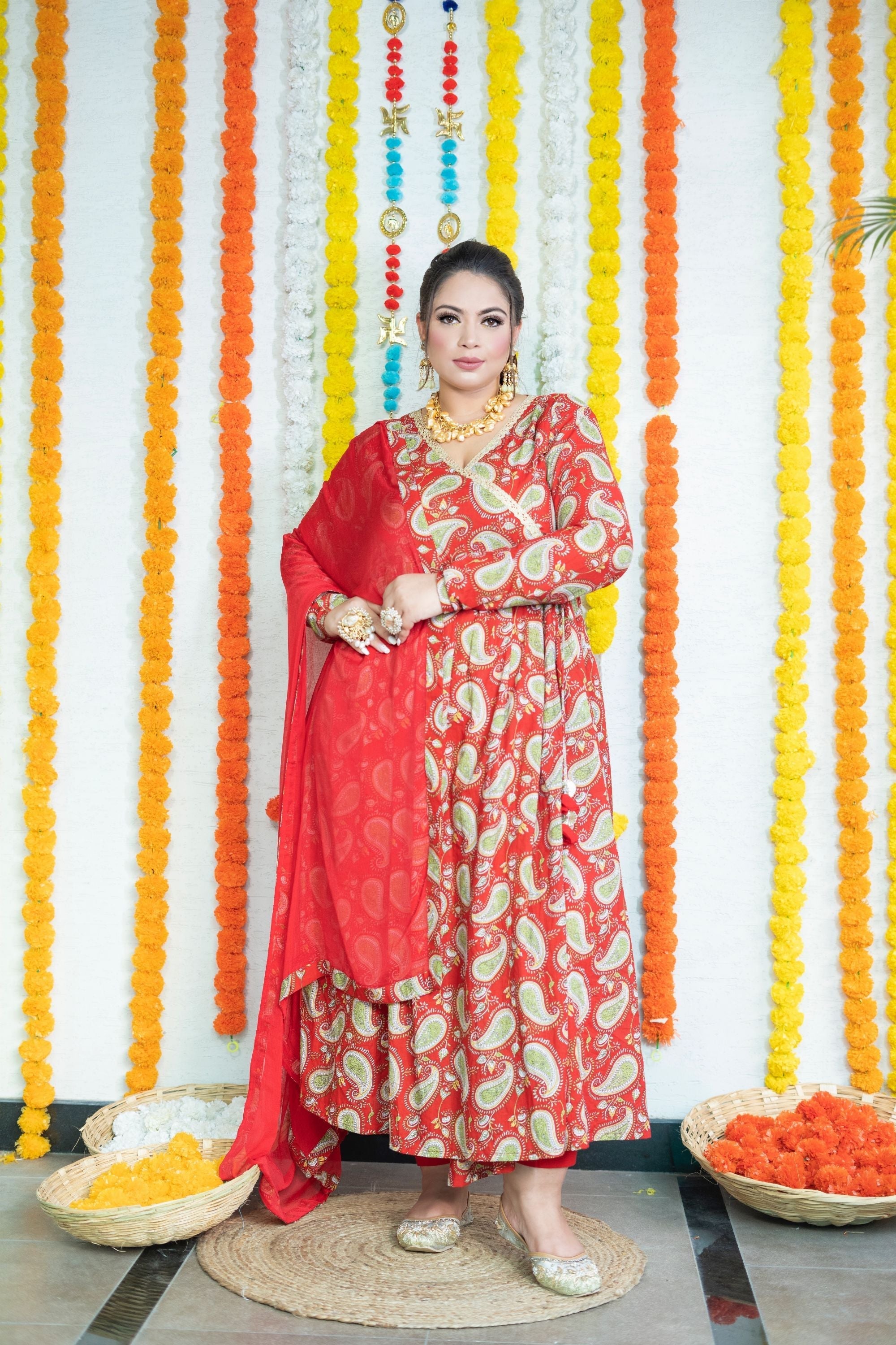 Women's Red Paisley Angarakha Suit Set - Nangalia Ruchira