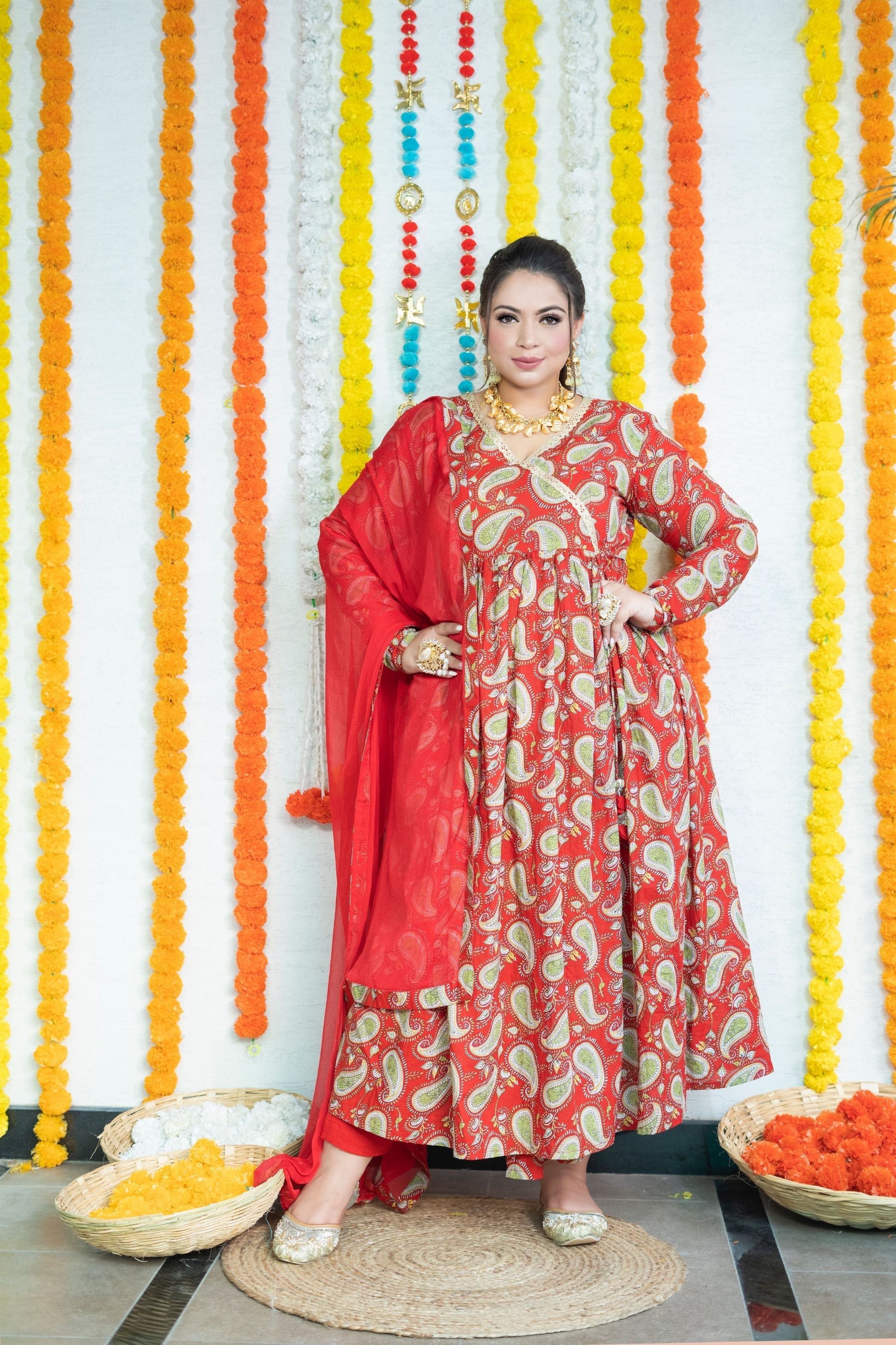 Women's Red Paisley Angarakha Suit Set - Nangalia Ruchira