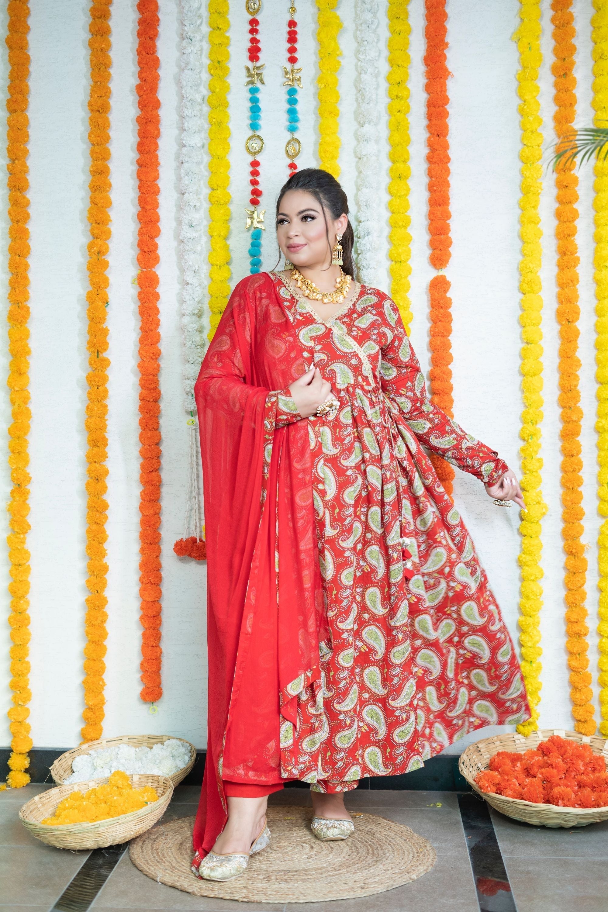 Women's Red Paisley Angarakha Suit Set - Nangalia Ruchira