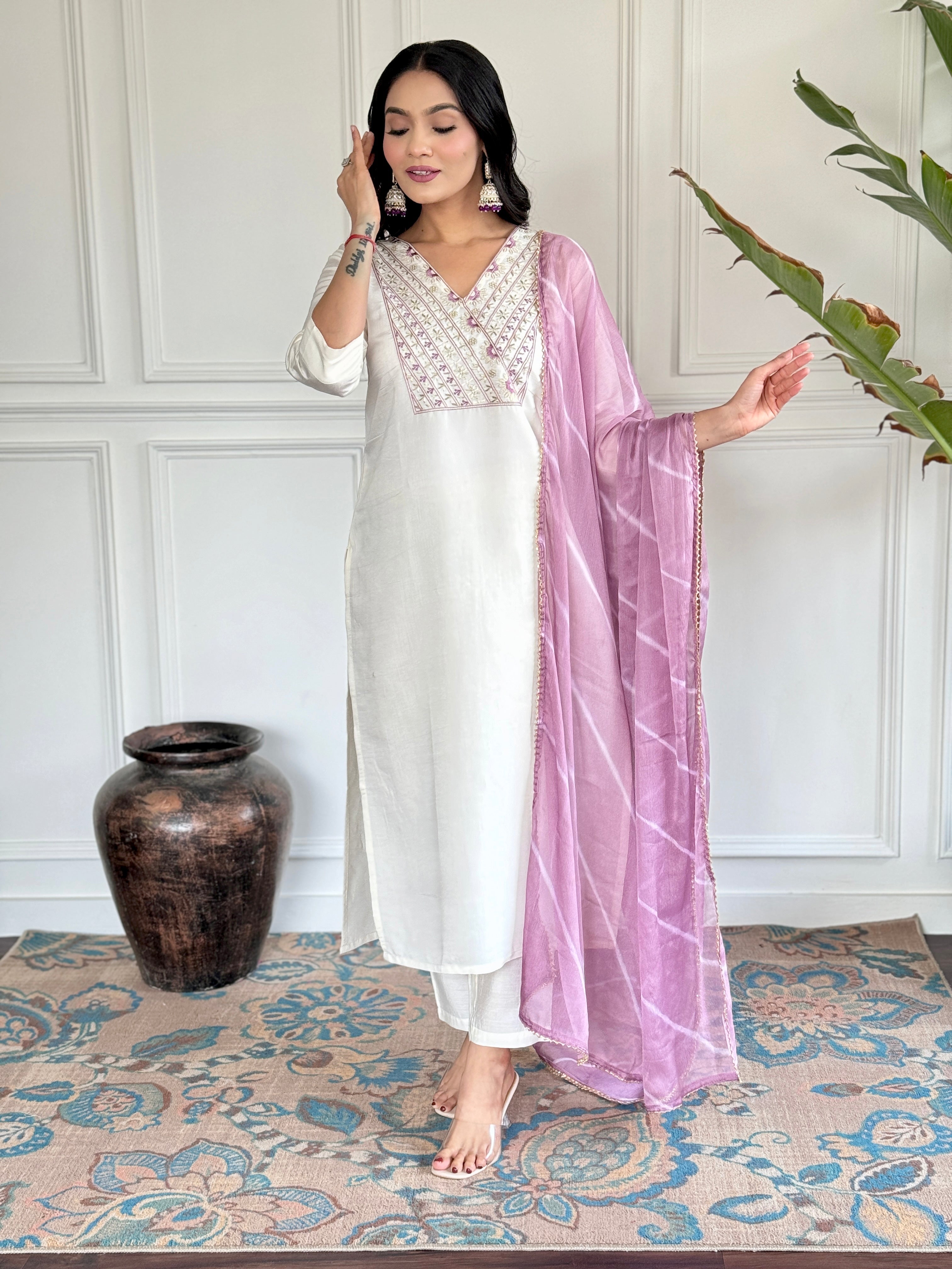 Women's V Neck Embroidered Work Chanderi Viscose Fabric Kurta & Pant With Dupatta Set - Taantav USA