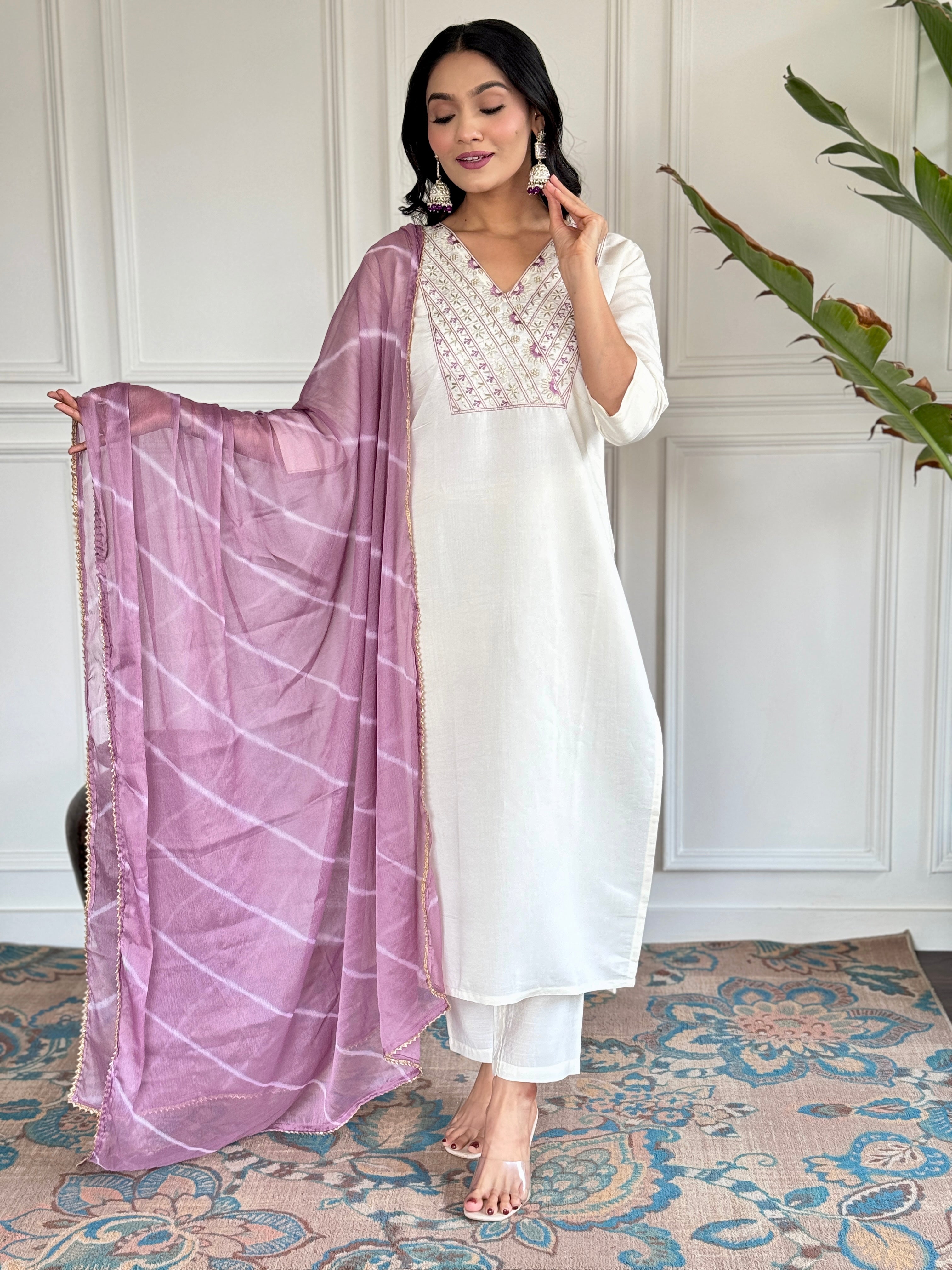 Women's V Neck Embroidered Work Chanderi Viscose Fabric Kurta & Pant With Dupatta Set - Taantav USA