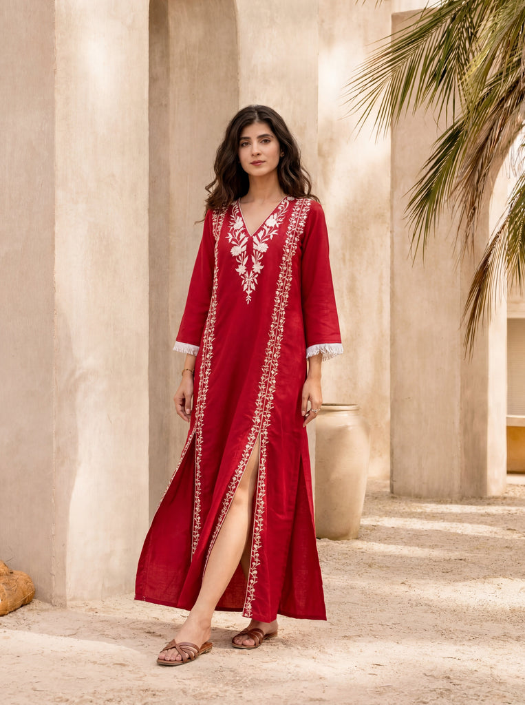 Women's Red Roman Silk Embroidered Maxi Dress