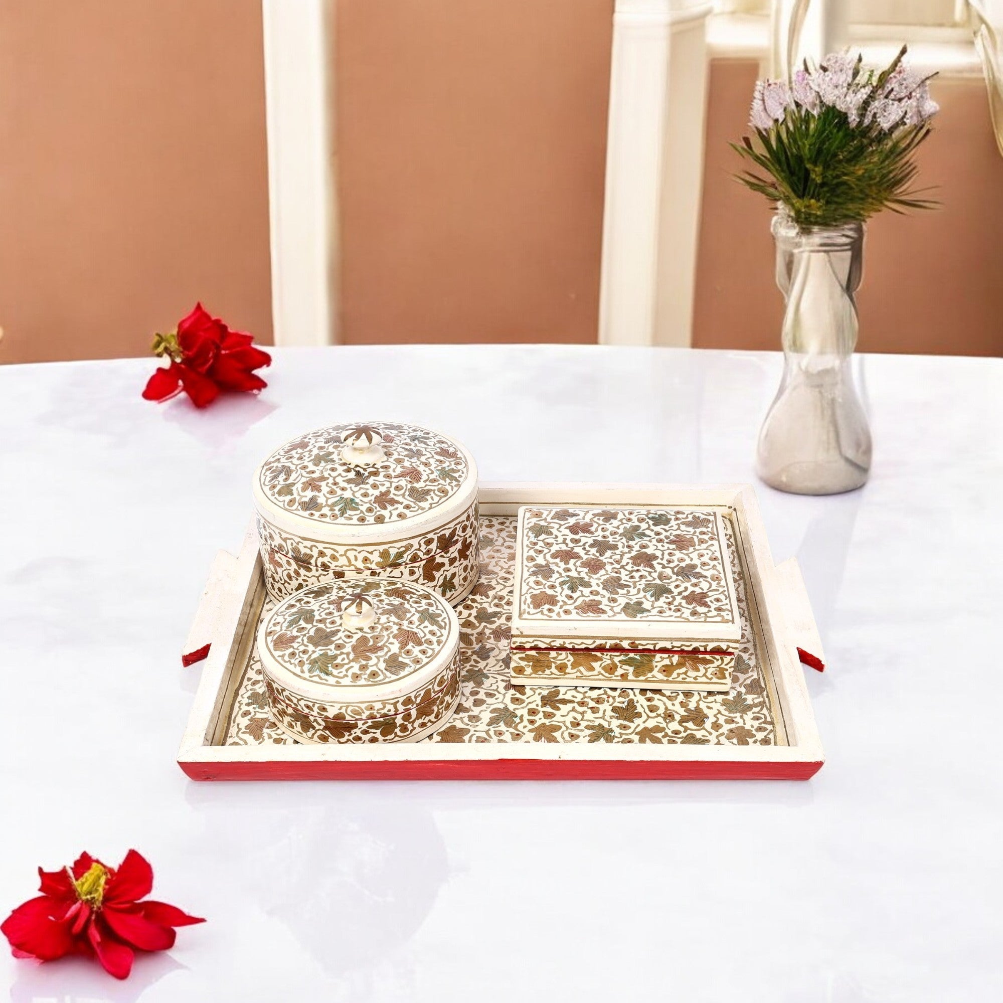 Handcrafted Kashmiri Paper Mache Serving Tray Set - Natriel