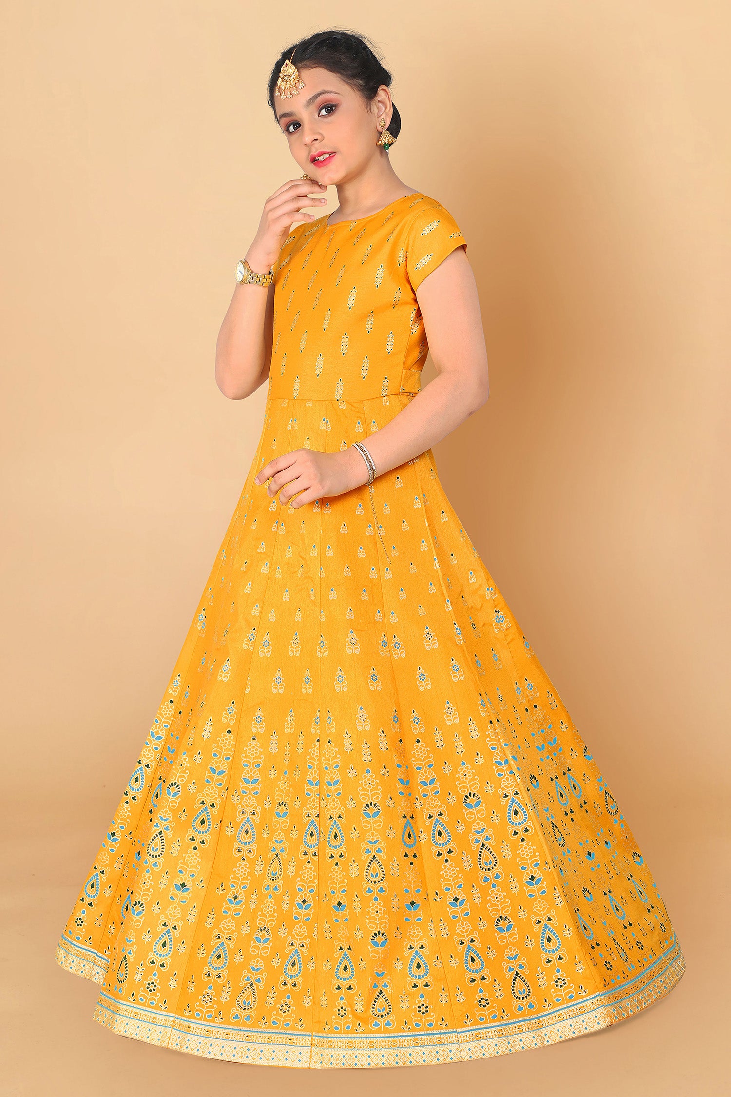 Girl's Crepe Silk Yellow Maxi Length Foil Print Dresses - Fashion Dream