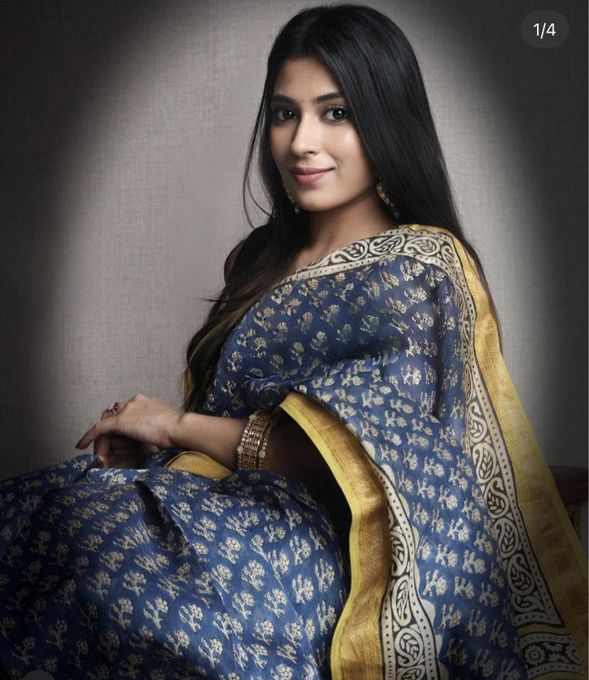 Women's Blue Mustard Bagru Saree - Nangalia Ruchira