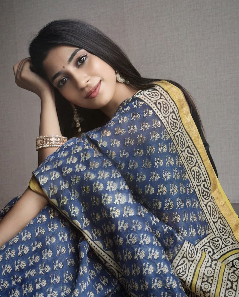 Women's Blue Mustard Bagru Saree - Nangalia Ruchira