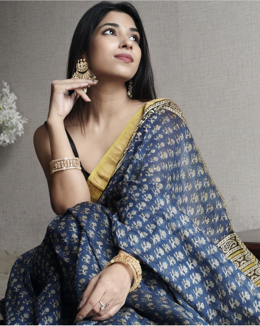 Women's Blue Mustard Bagru Saree - Nangalia Ruchira