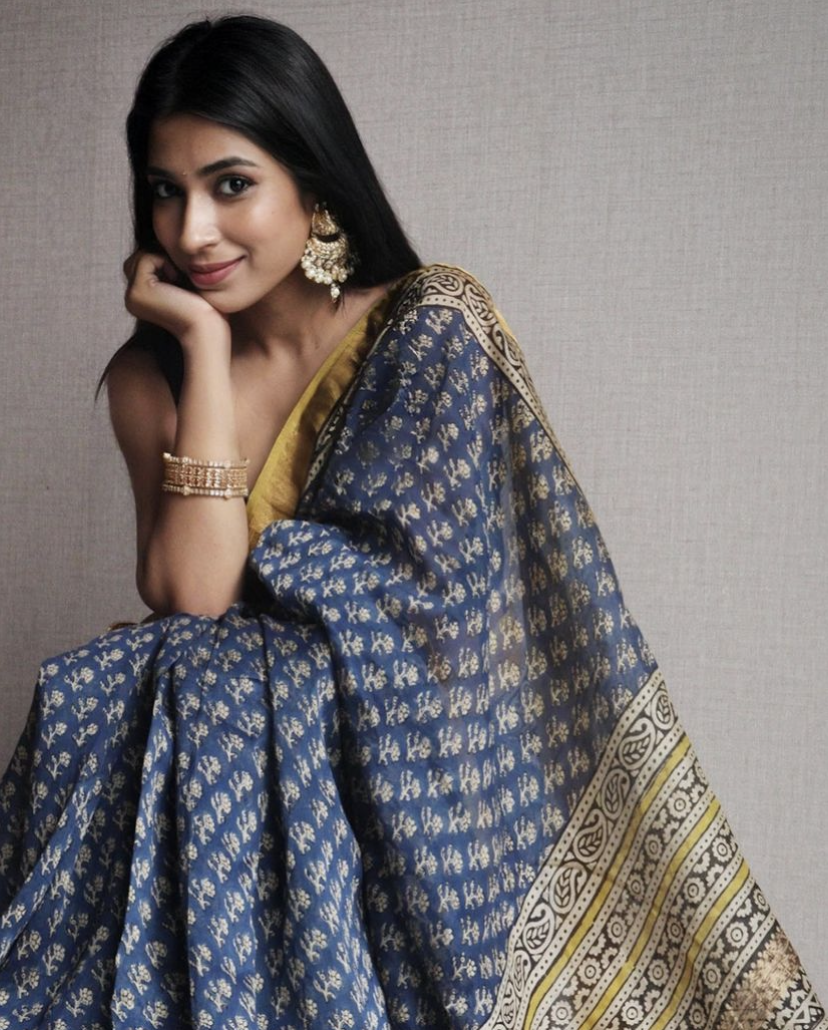 Women's Blue Mustard Bagru Saree - Nangalia Ruchira