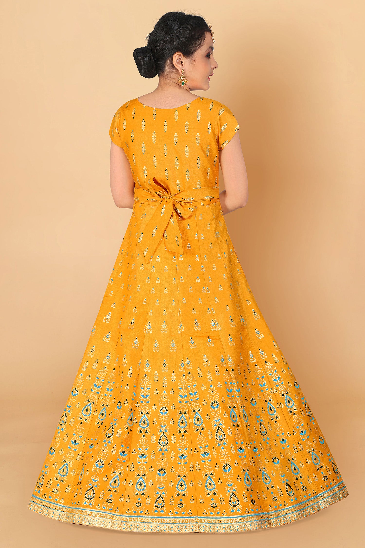 Girl's Crepe Silk Yellow Maxi Length Foil Print Dresses - Fashion Dream