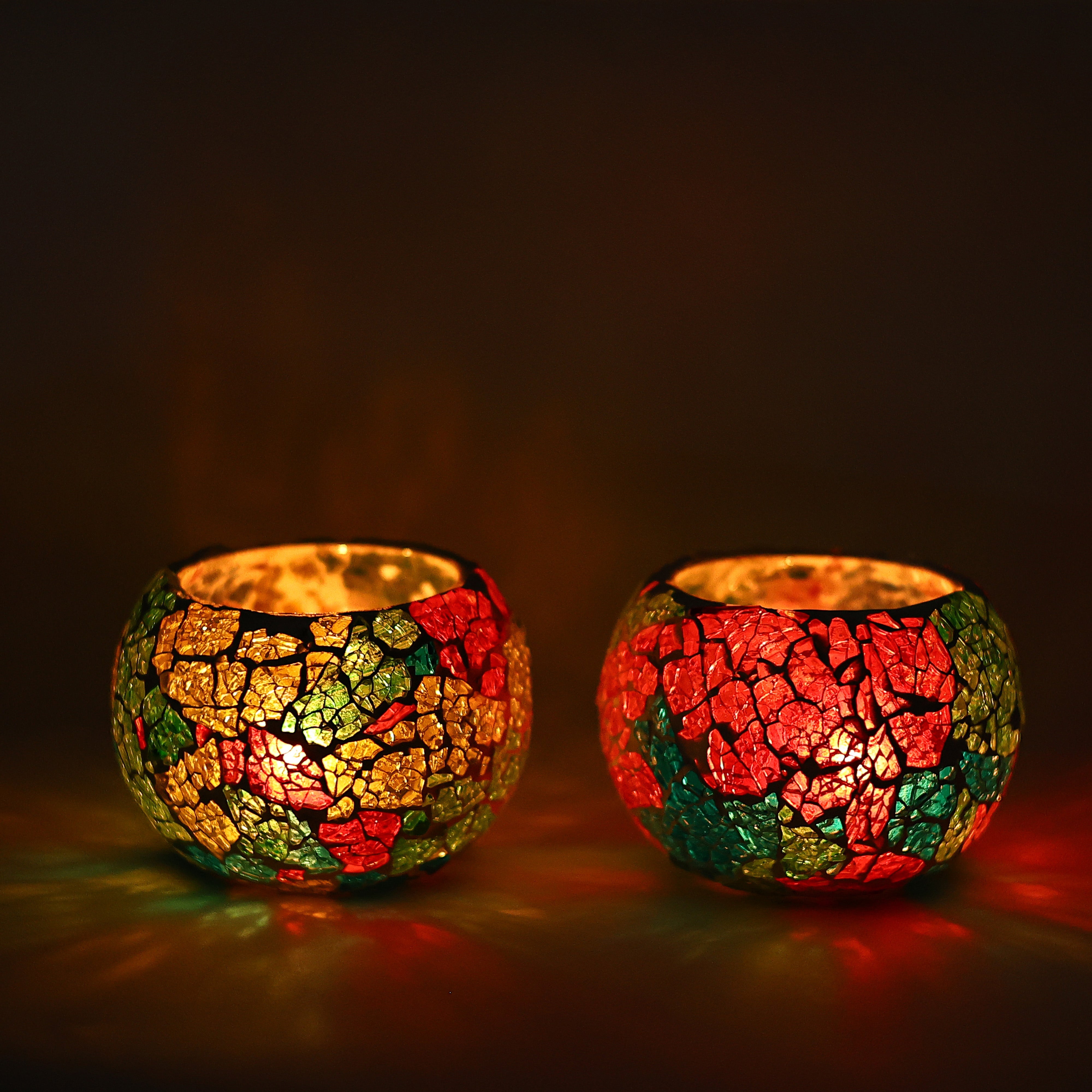 Multicolour Mosaic T-light Holders – Set of 2 - Natriel