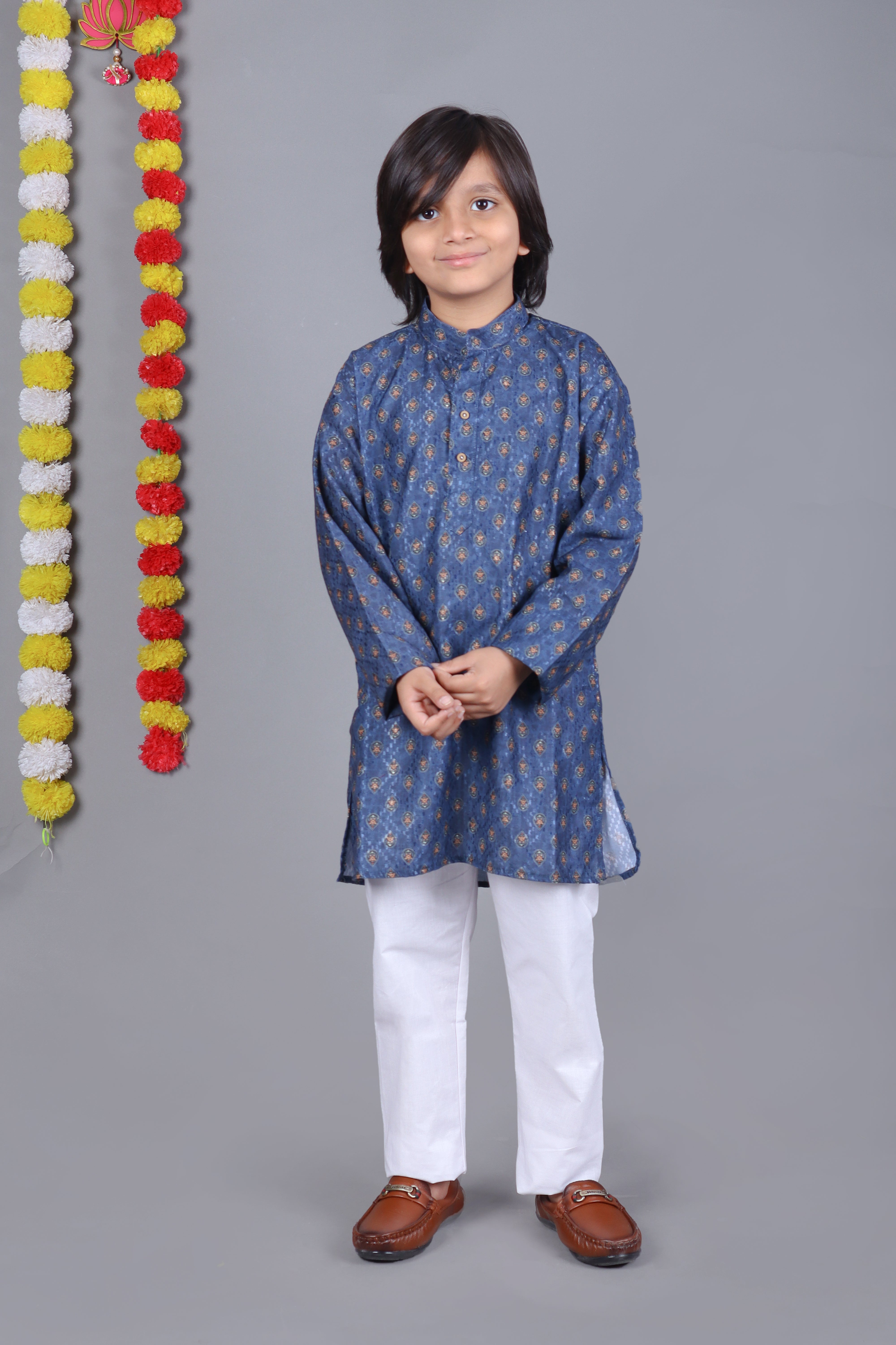 Boy's Blue Cotton Print Kurta Set
