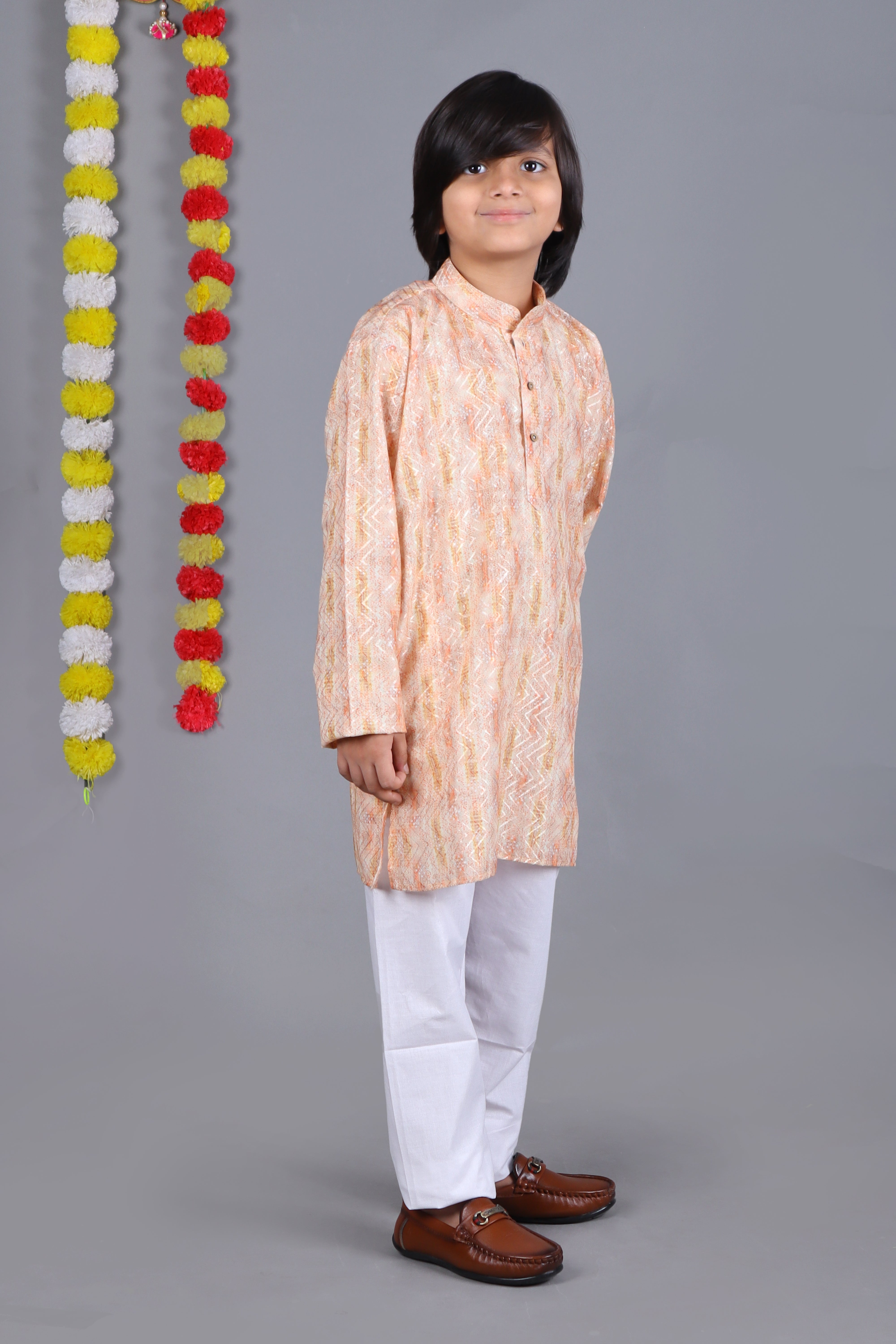 Boy's Dark Cream Cotton Print Kurta Set