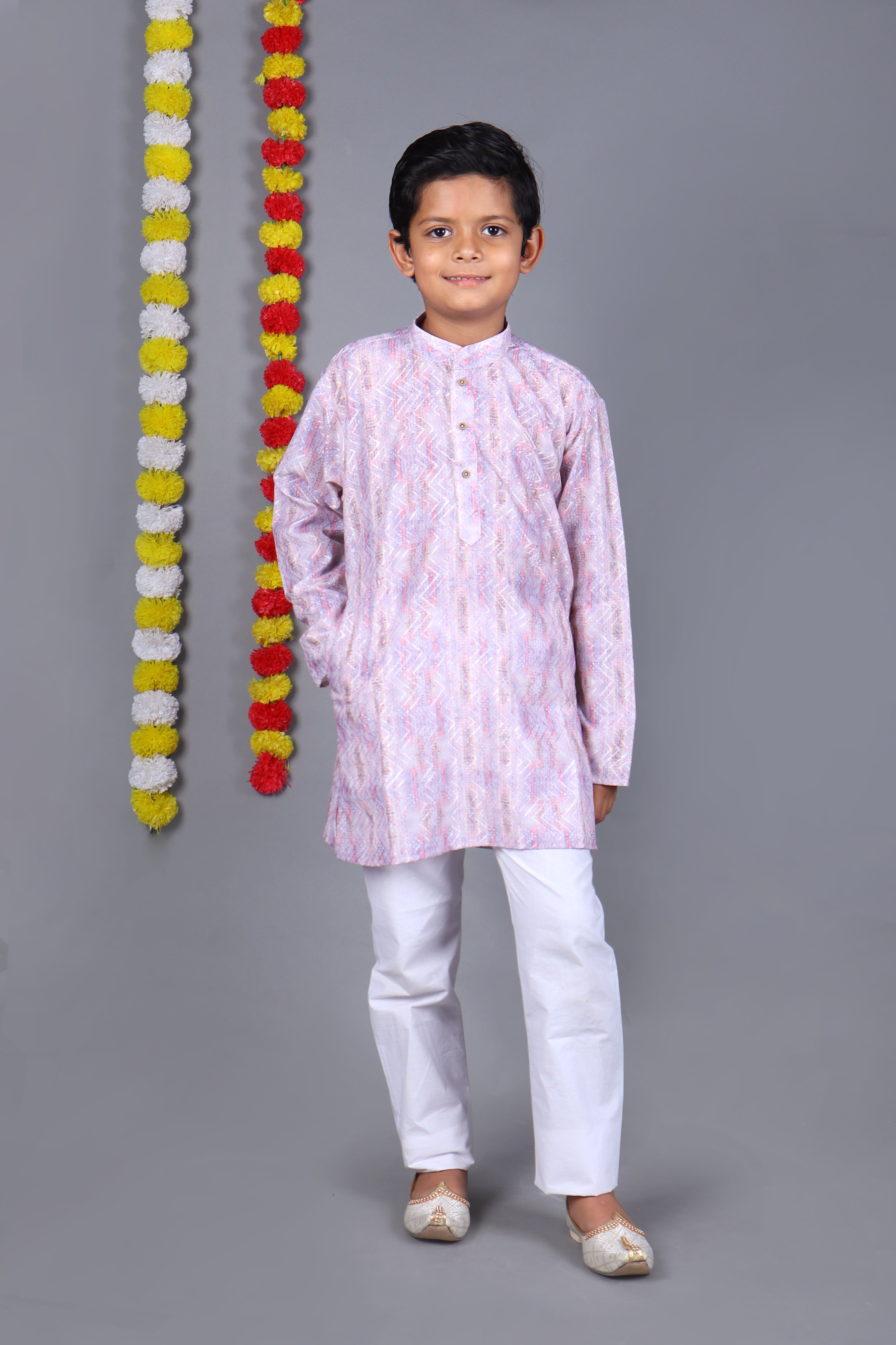 Boy's Light Purple Cotton Print Kurta Set