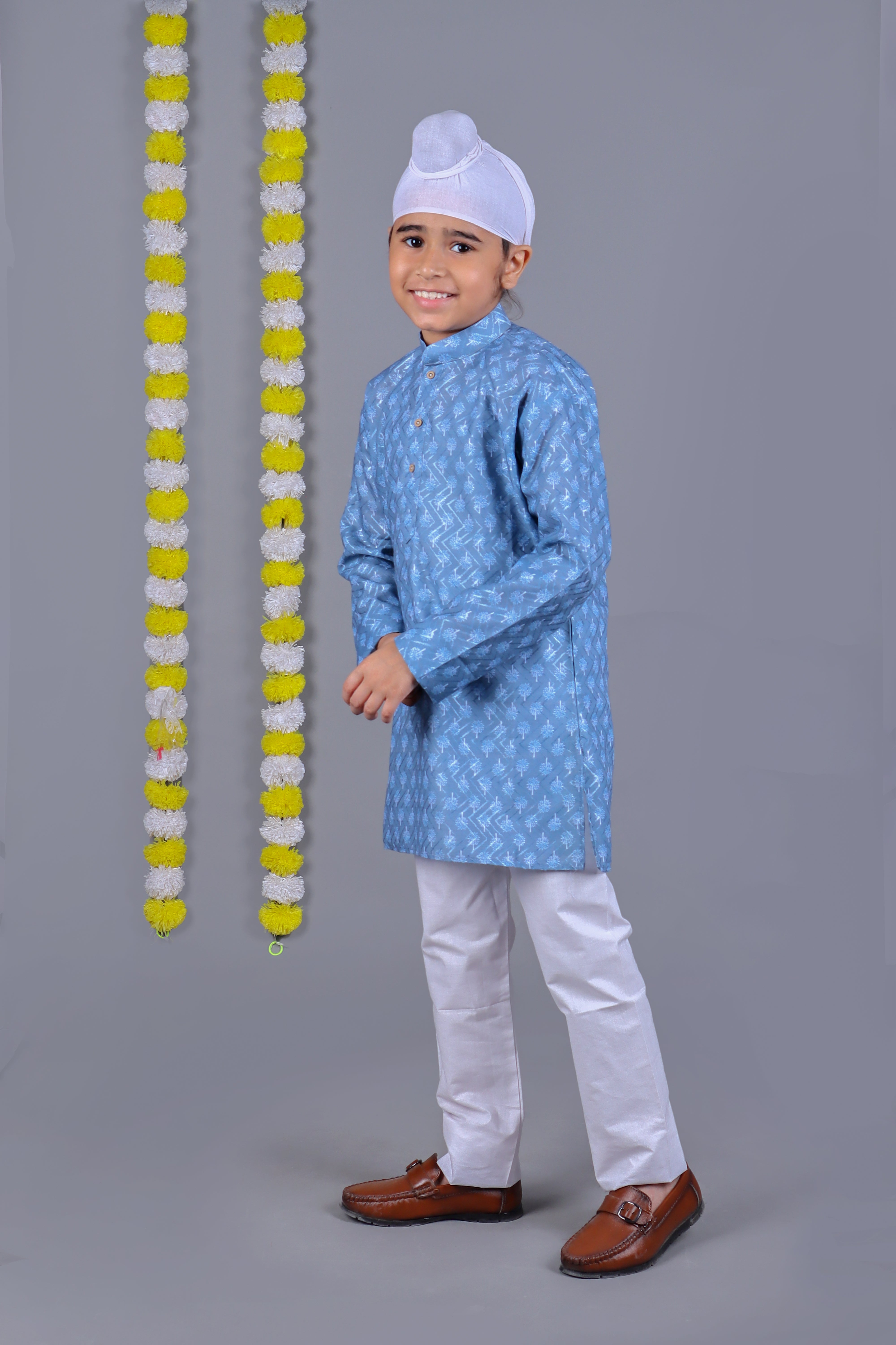 Boy's Sky Blue Cotton Print Kurta Set