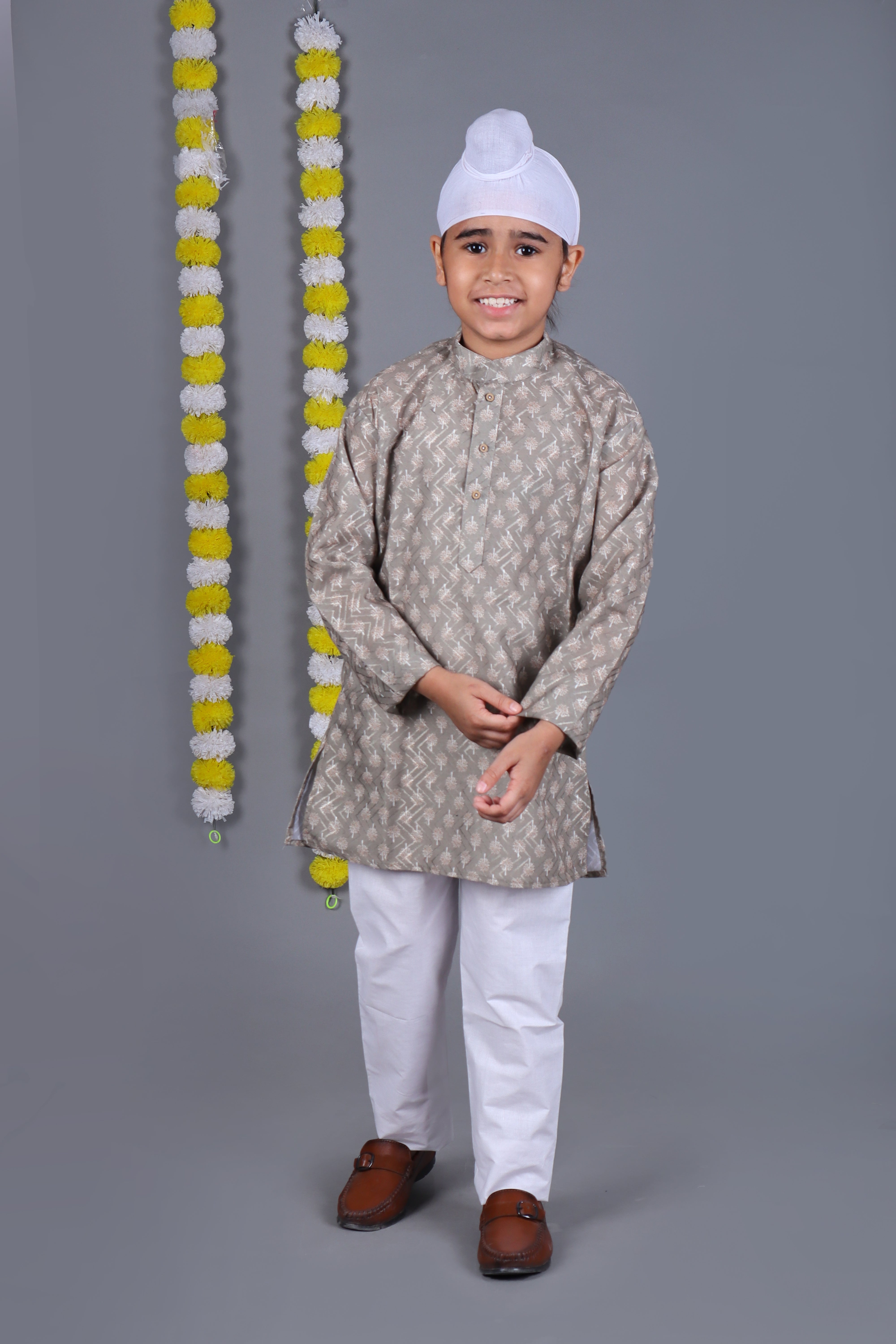 Boy's Grey Cotton Print Kurta Set