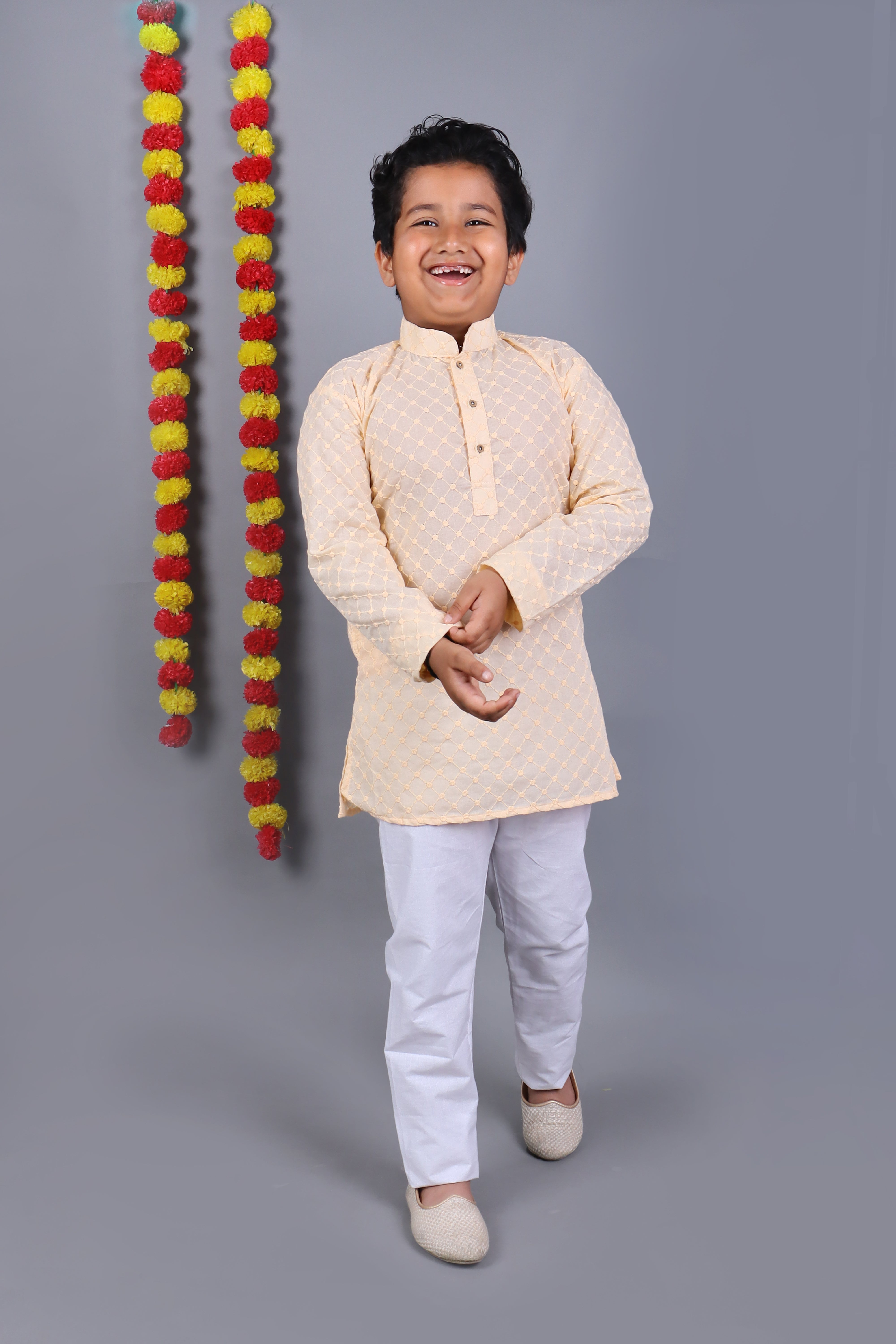 Boy's Light Peach Cotton Mirror Work Embroidery Kurta Set