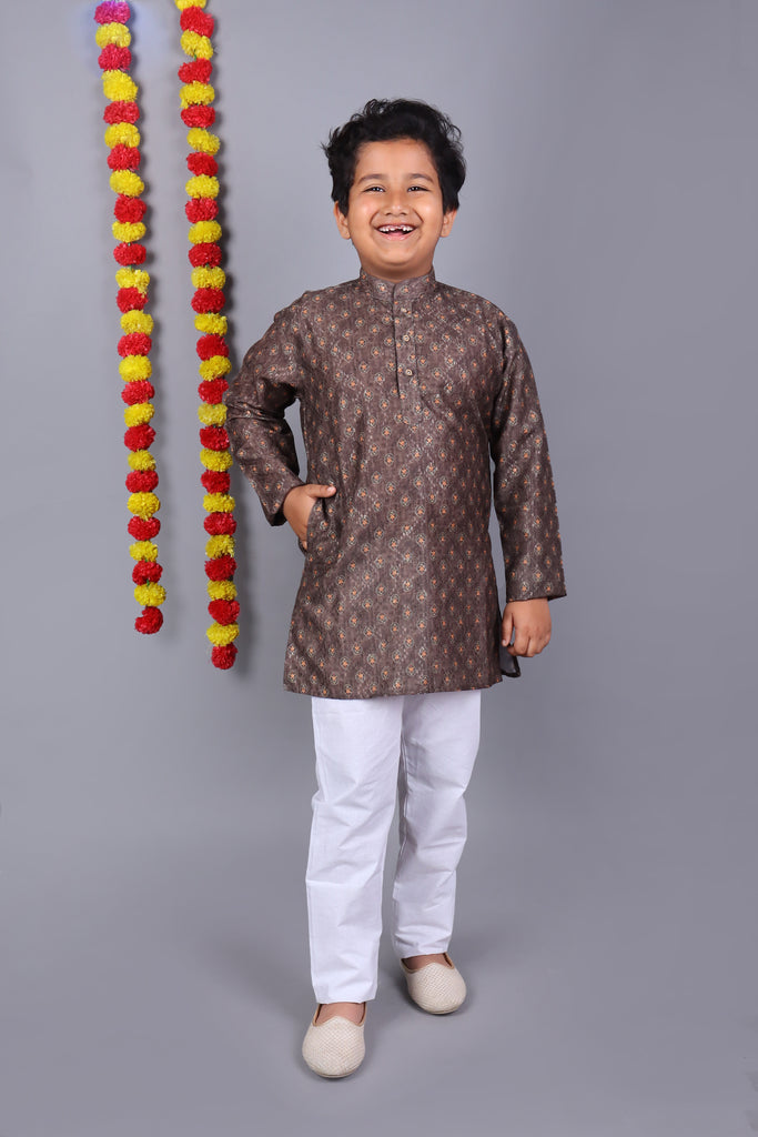Boy's Brown Cotton Print Kurta Set