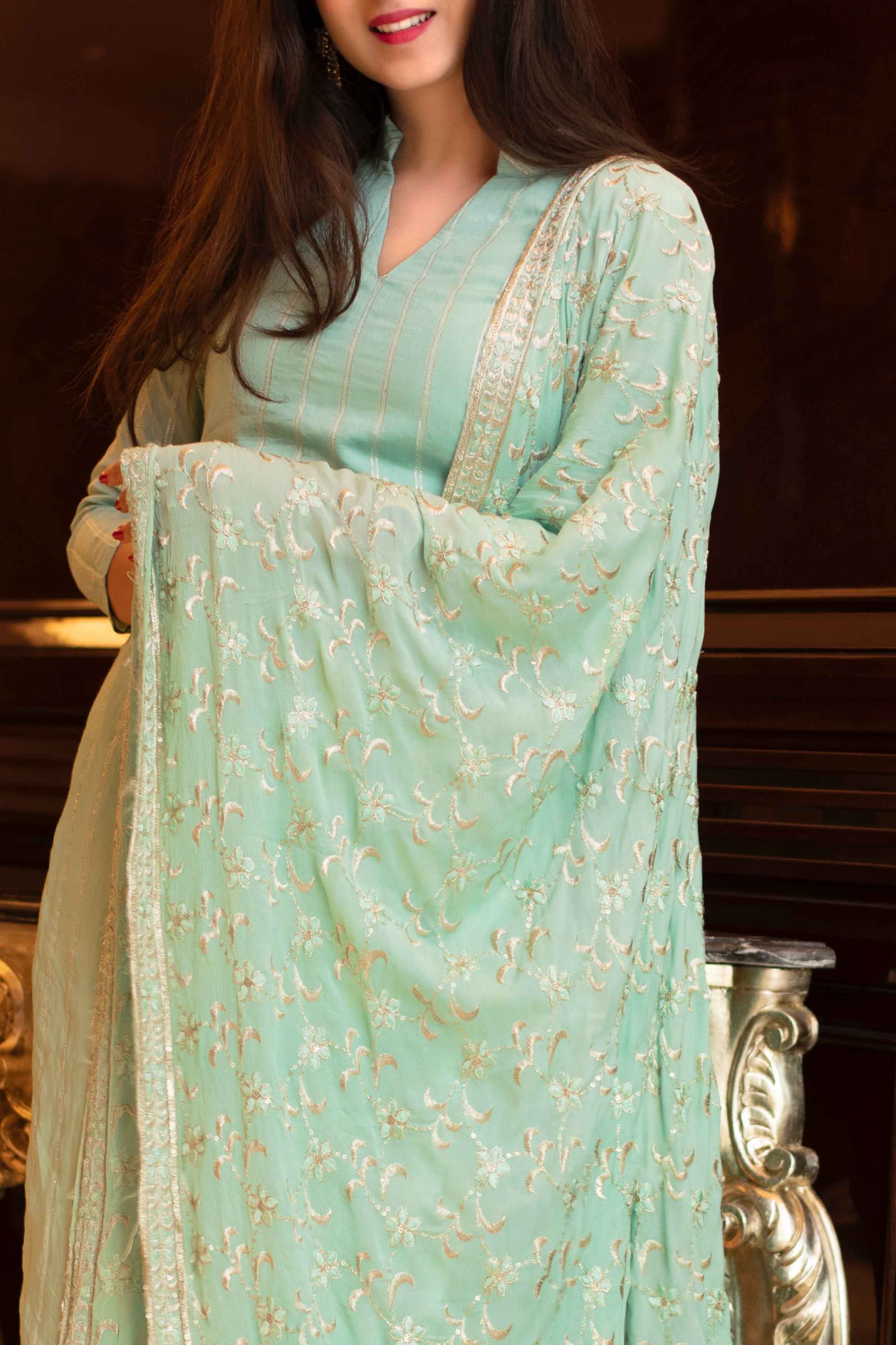 Women's Pista Green Kurta Set With Chinon Heavy Zari Work Dupatta (3pcs Set)
