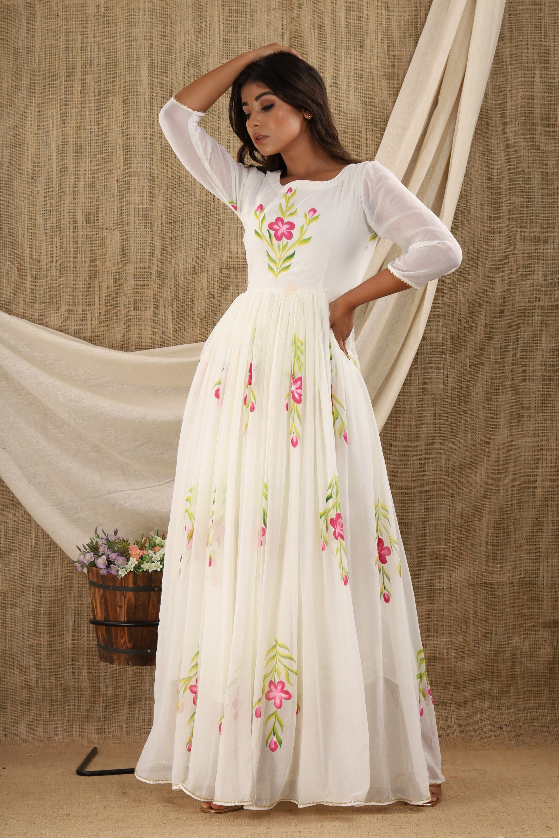 Women's White Chiffon Anarkali Dress (1Pc)