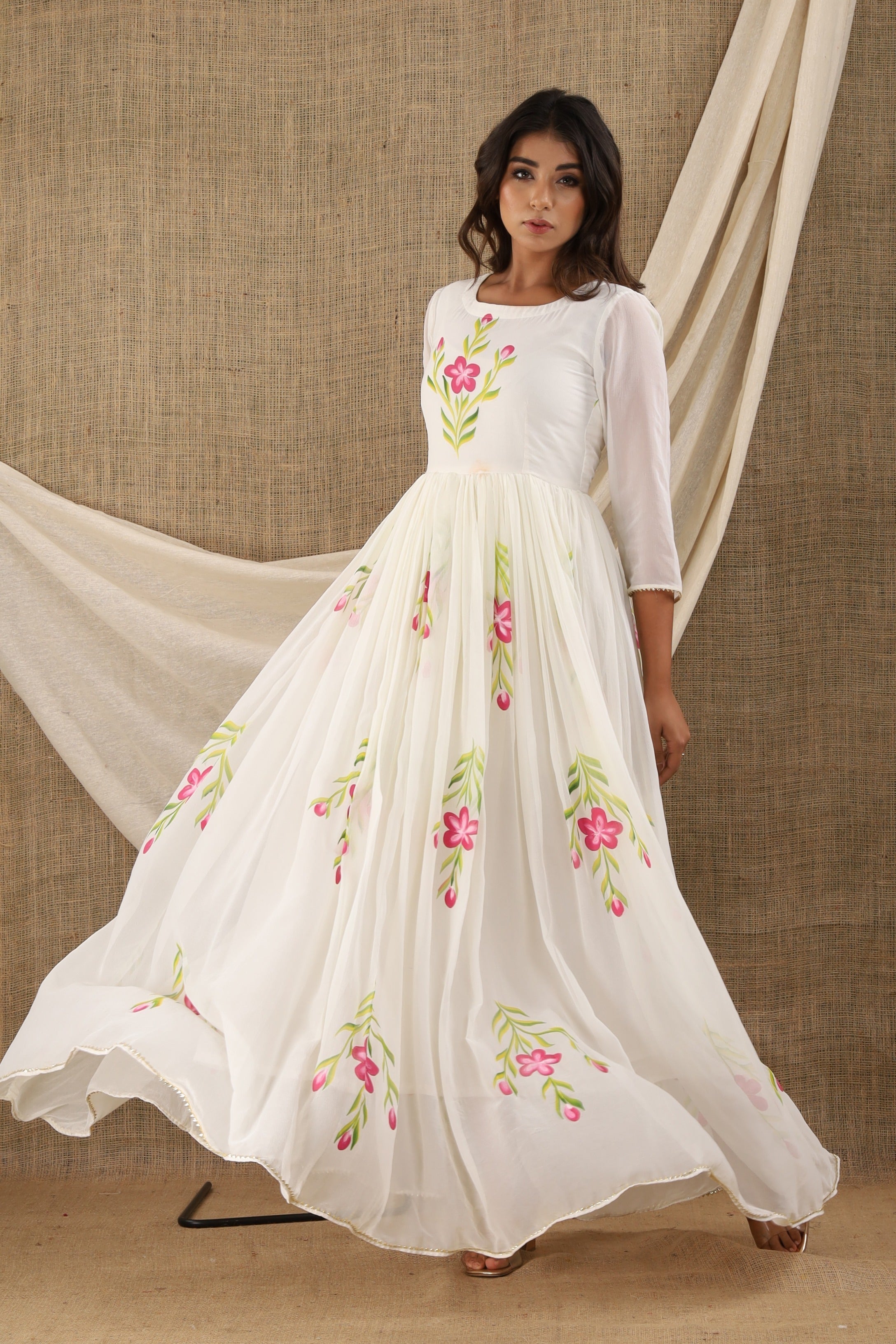 Women's White Chiffon Anarkali Dress (1Pc)