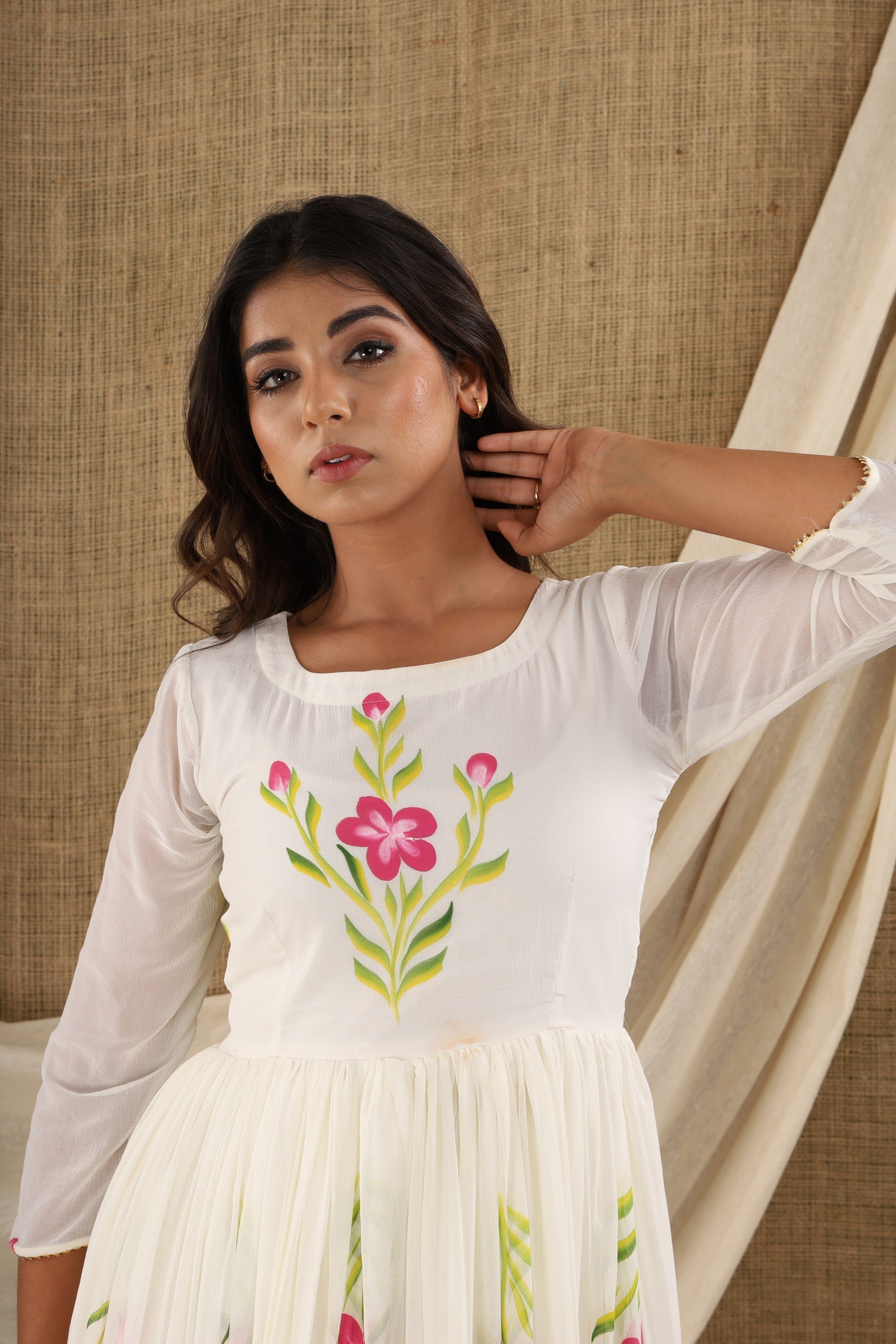 Women's White Chiffon Anarkali Dress (1Pc)