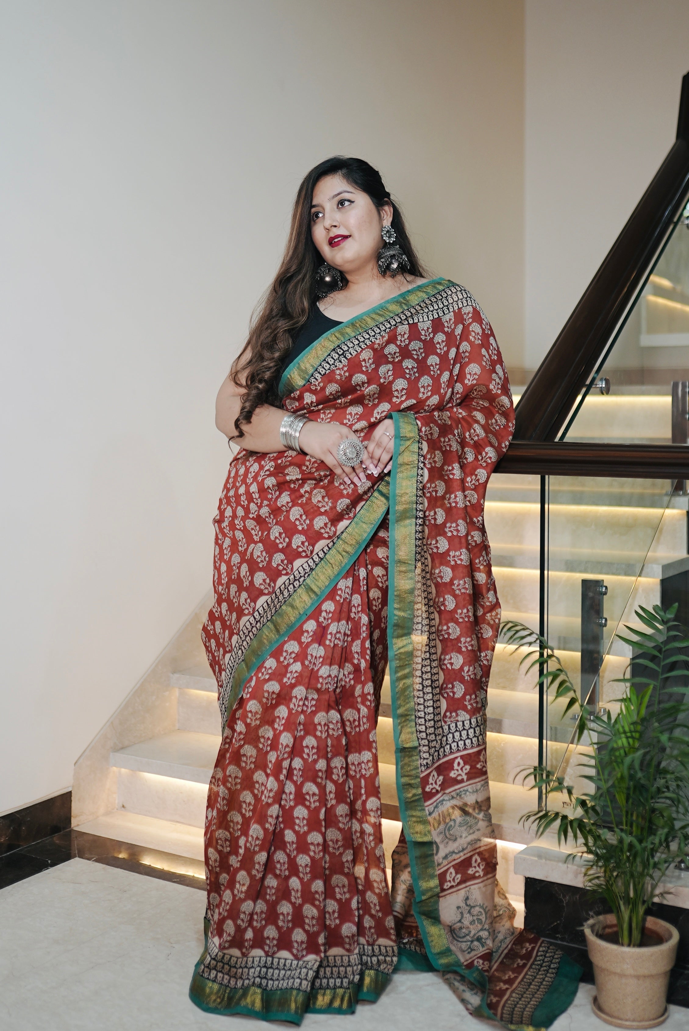 Women's Brick Red Bagru Chanderi Printed Saree - Nangalia Ruchira