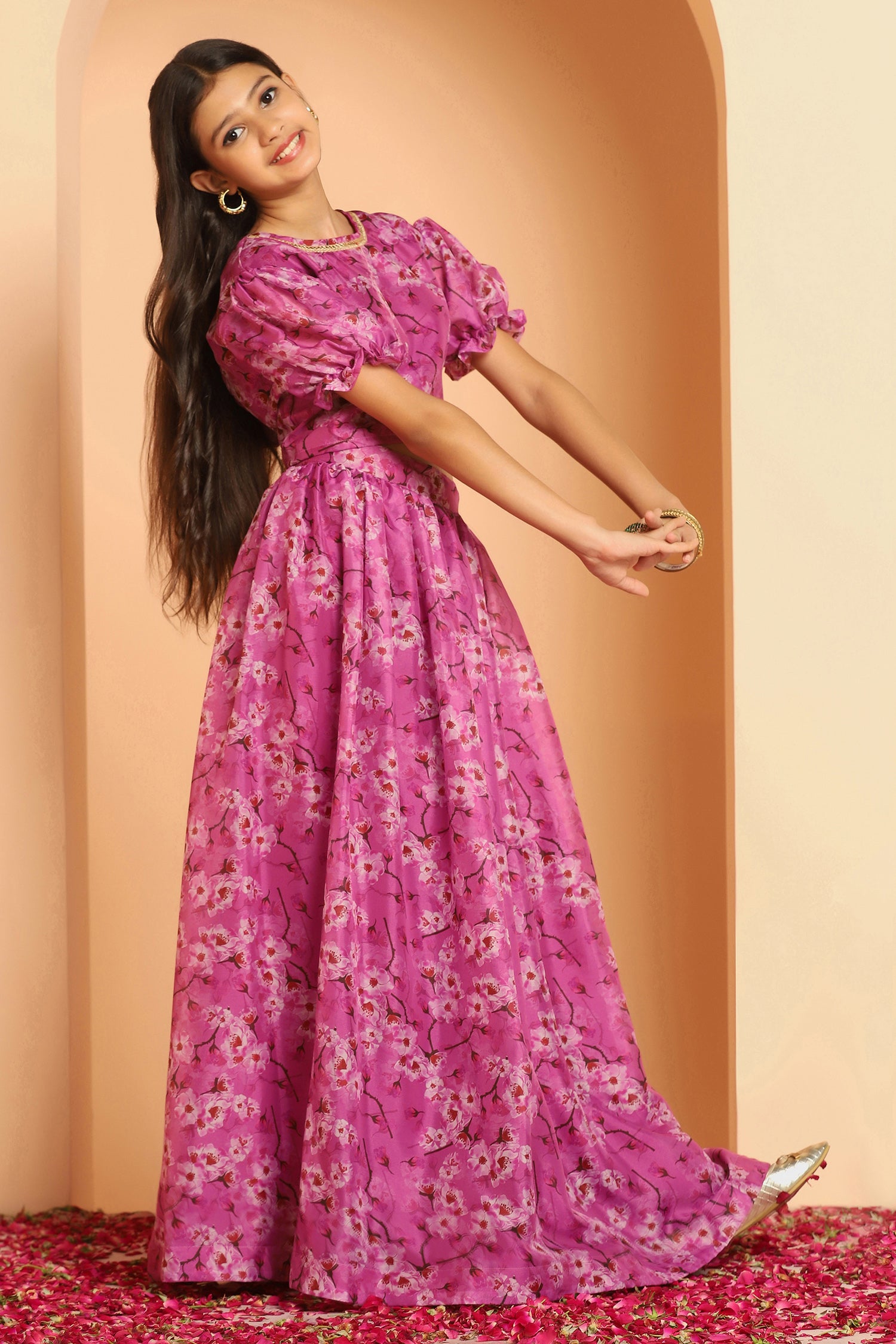 Girl's Pink Tabby Silk Floral Printed Lehenga Choli Set - Fashion Dream