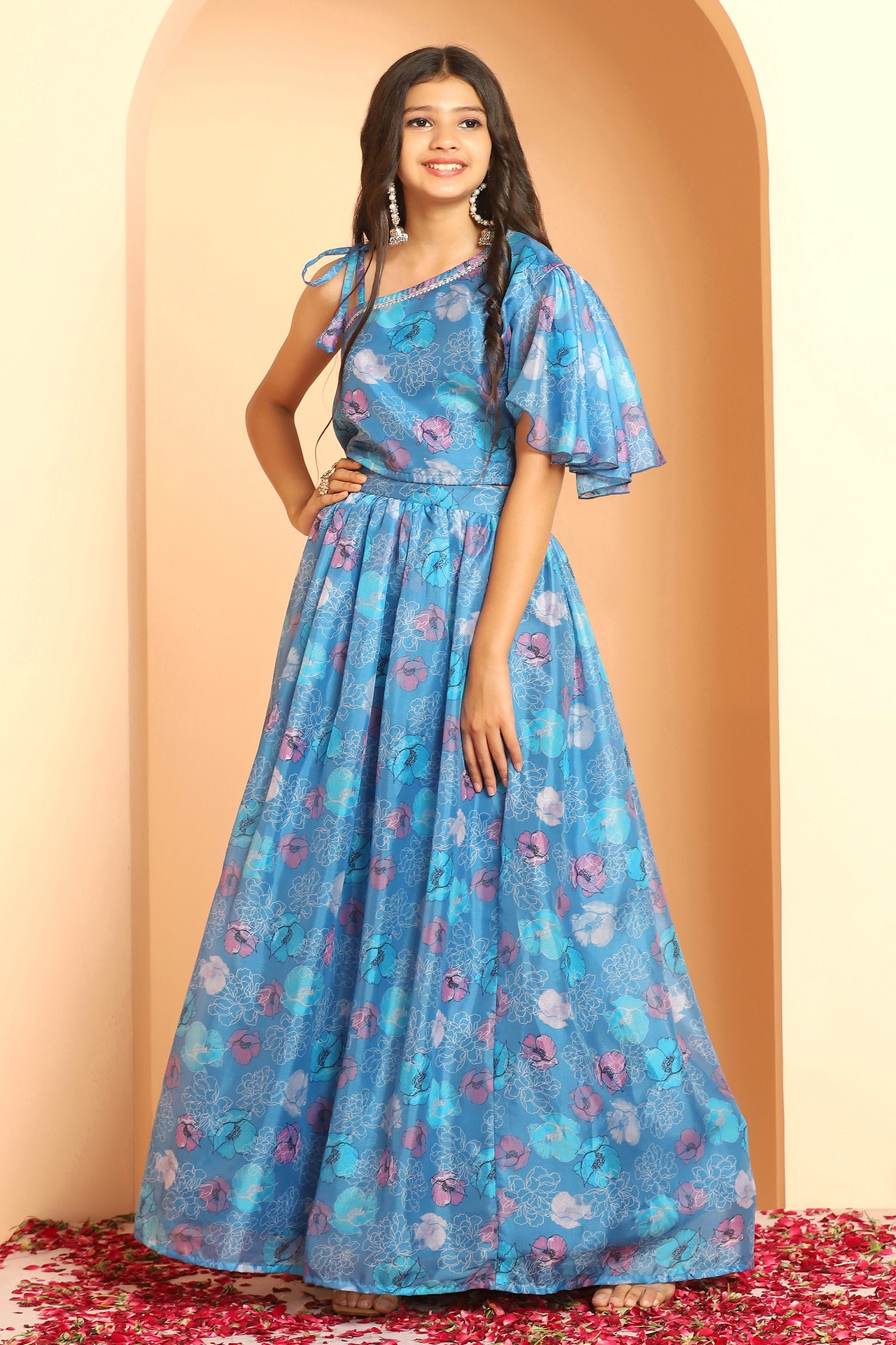 Girl's Sky Blue Tabby Silk Floral Printed Lehenga Choli Set - Fashion Dream