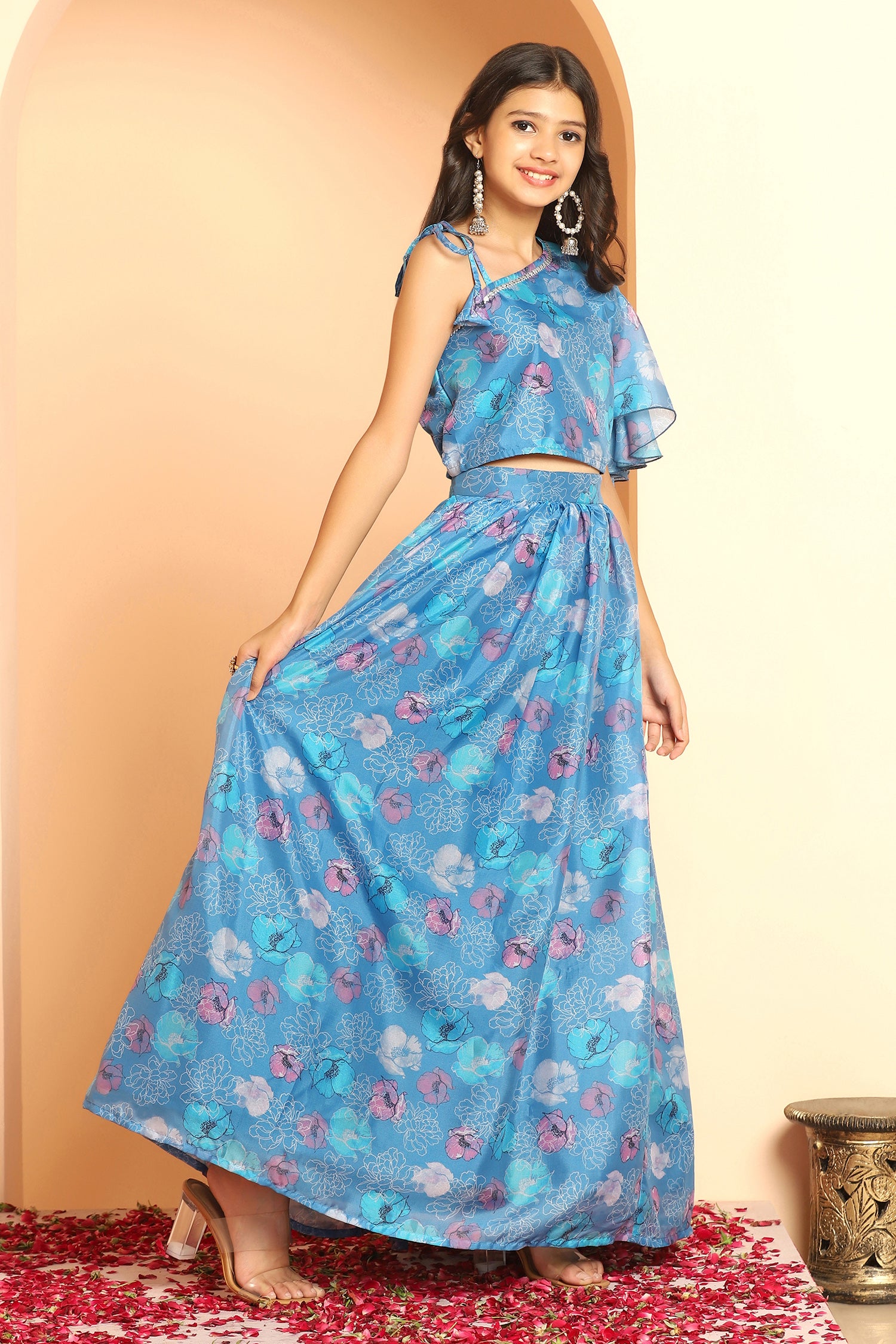 Girl's Sky Blue Tabby Silk Floral Printed Lehenga Choli Set - Fashion Dream