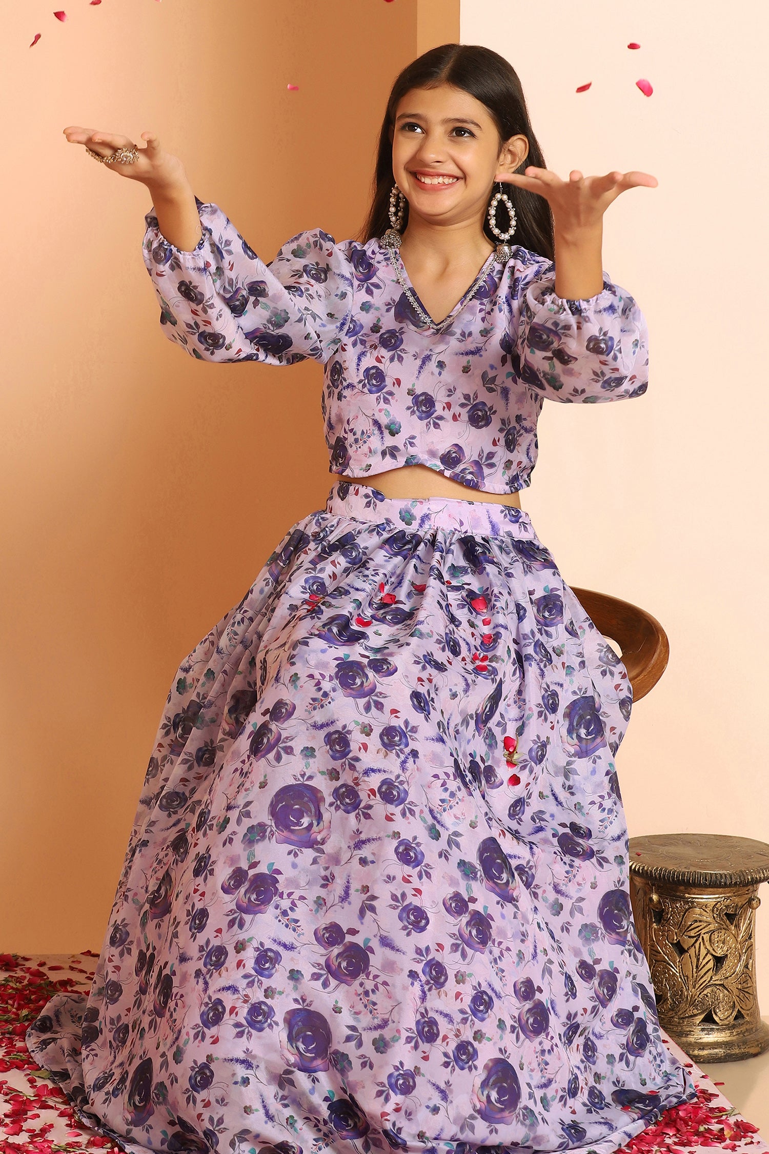 Girl's Purple Tabby Silk Floral Printed Lehenga Choli Set - Fashion Dream