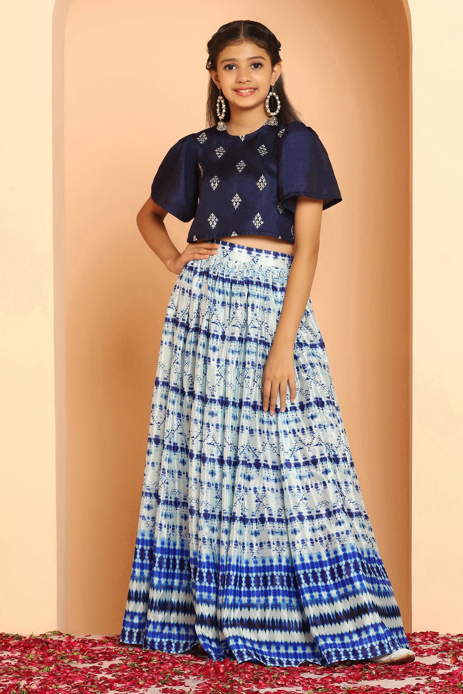 Girl's Navy Blue Chinon Shibori Print Lehenga Choli Set - Fashion Dream