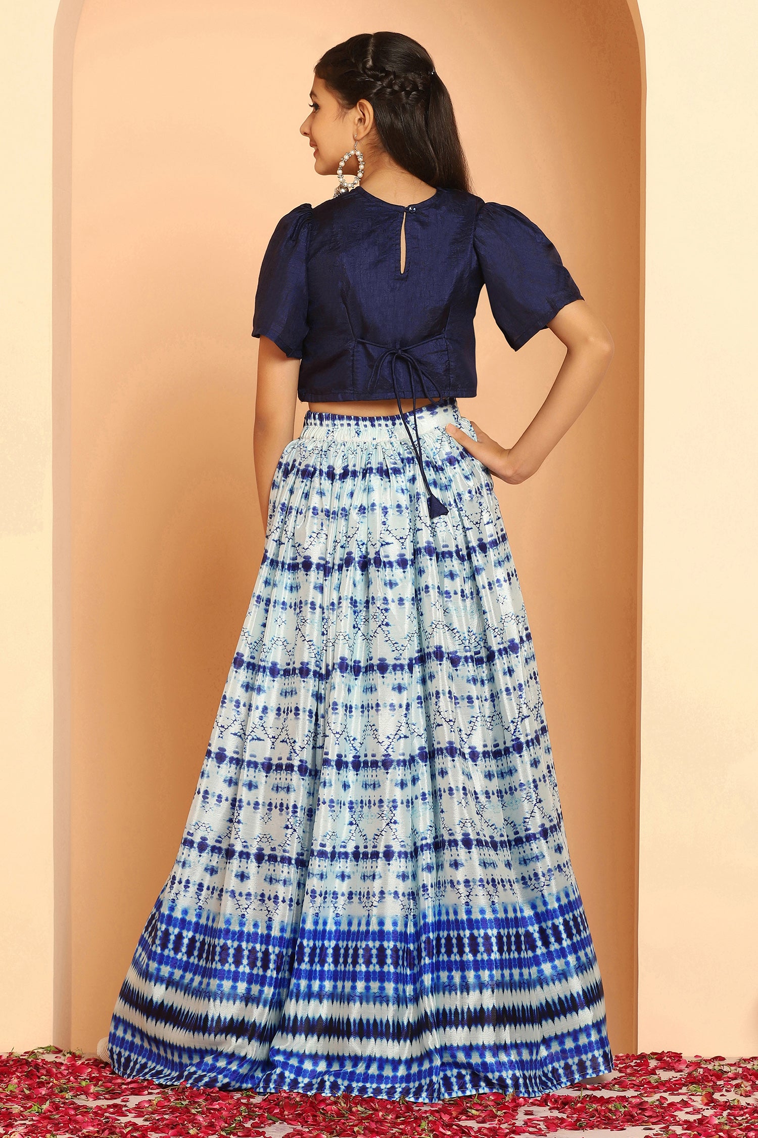 Girl's Navy Blue Chinon Shibori Print Lehenga Choli Set - Fashion Dream