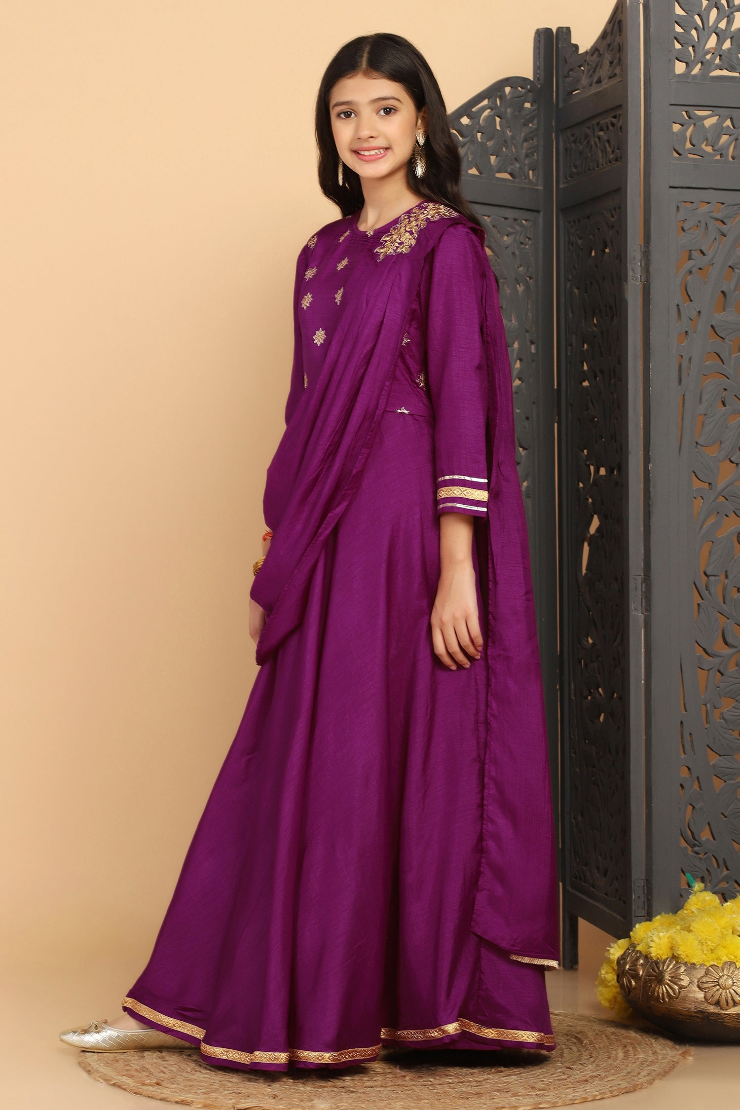 Girl's Purple Dola Silk Embroidered Maxi Dresses With Attached Dupatta - Fashion Dream