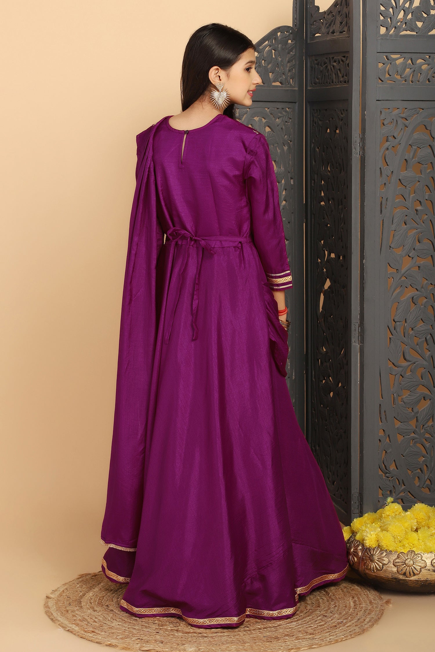 Girl's Purple Dola Silk Embroidered Maxi Dresses With Attached Dupatta - Fashion Dream