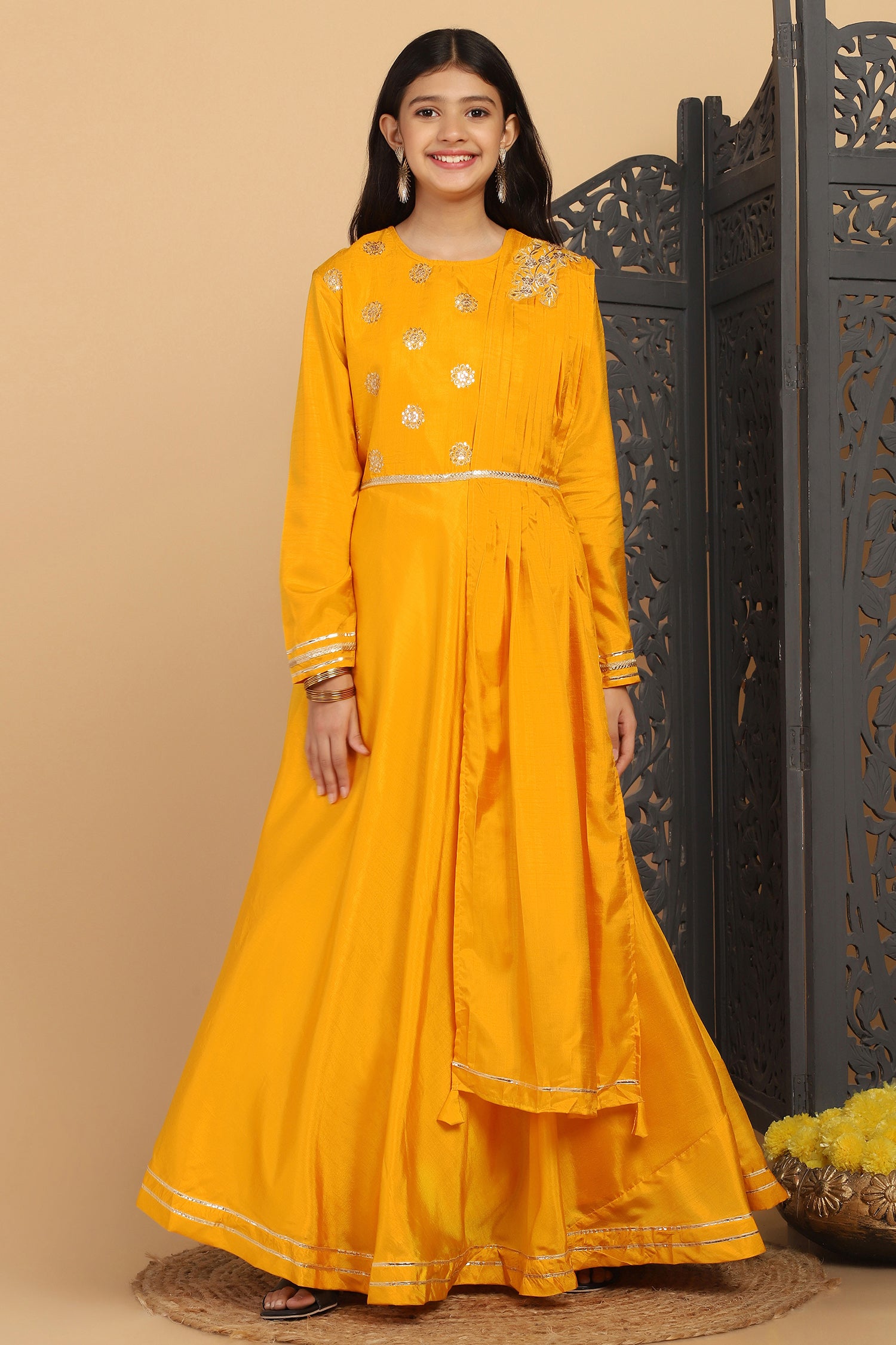 Girl's Yellow Dola Silk Embroidered A-Line Maxi Dresses - Fashion Dream