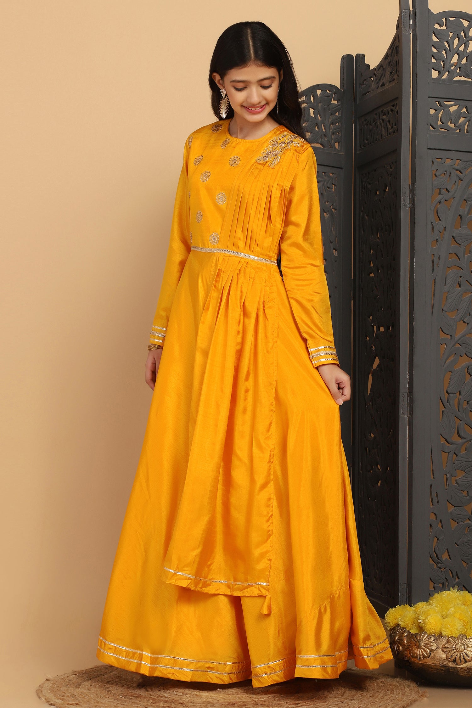 Girl's Yellow Dola Silk Embroidered A-Line Maxi Dresses - Fashion Dream