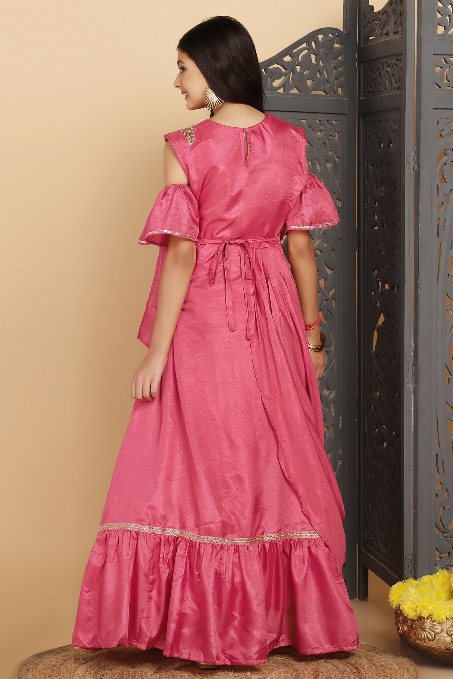 Girl's Light Pink Dola Silk Cold Shoulder Ruffle Maxi Dresses - Fashion Dream