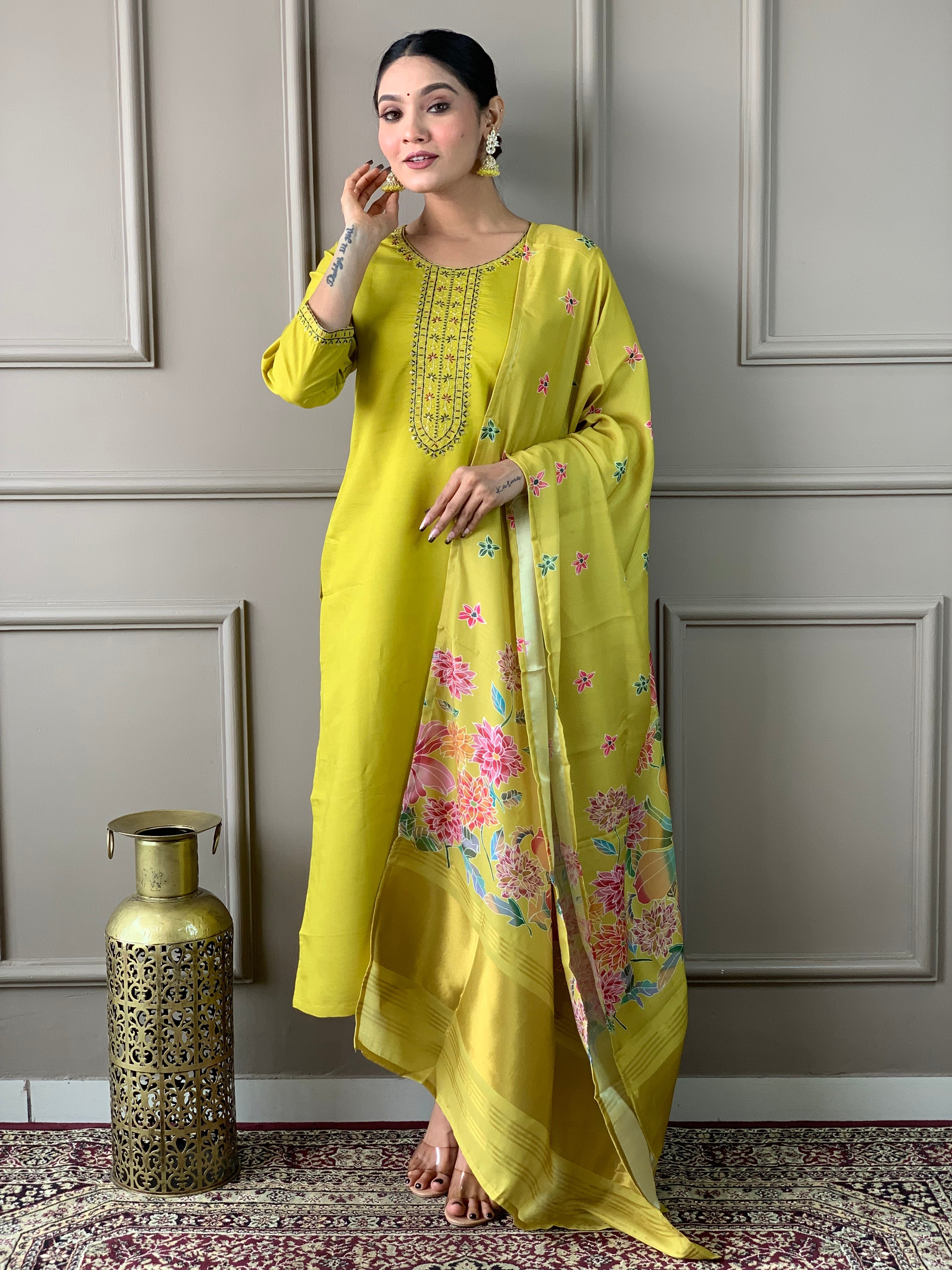 Women's V Neck Embroidered Work Silk Fabric Kurta & Pant With Dupatta Set - Taantav